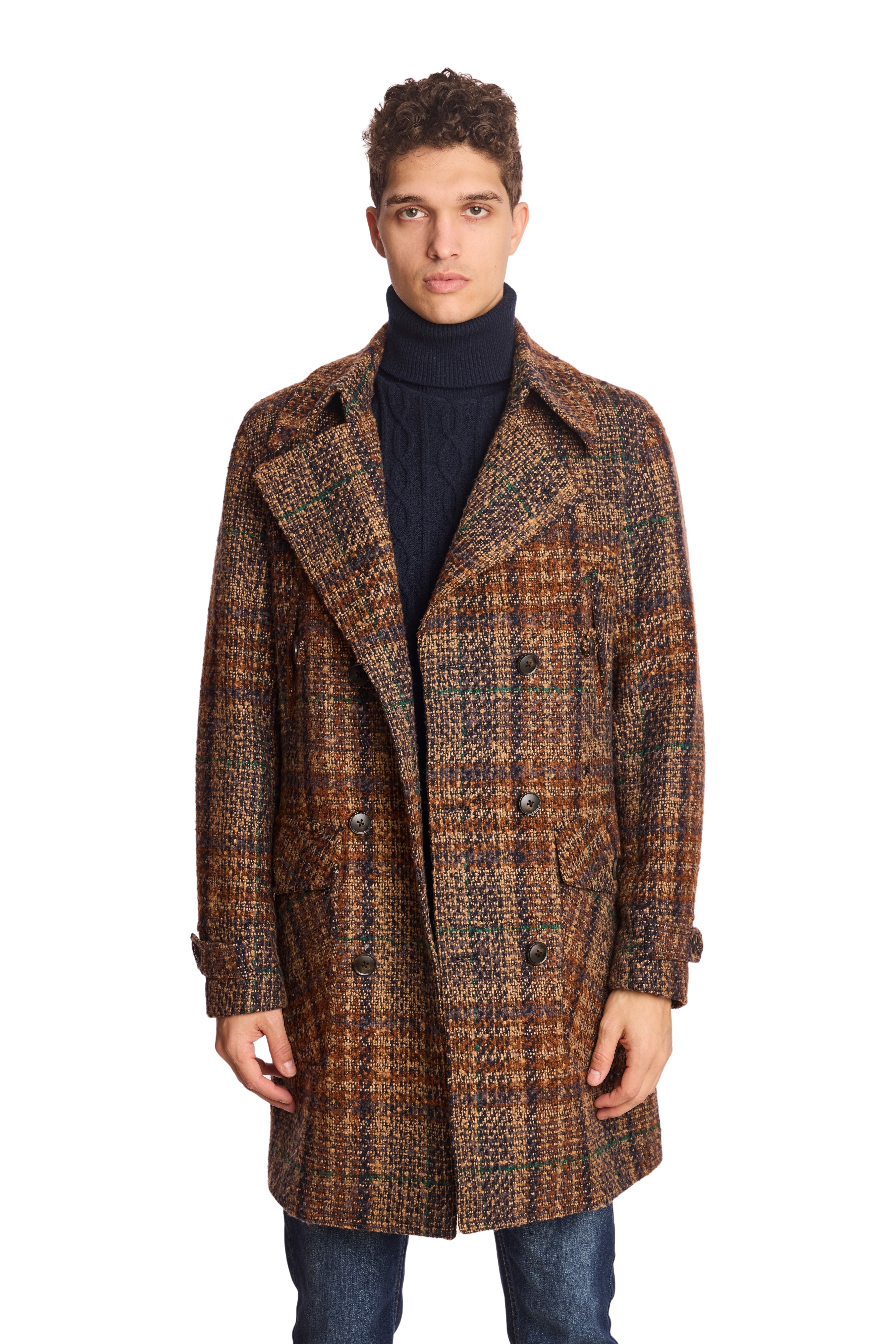 Military DB Overcoat - Tan Purple Rust Plaid