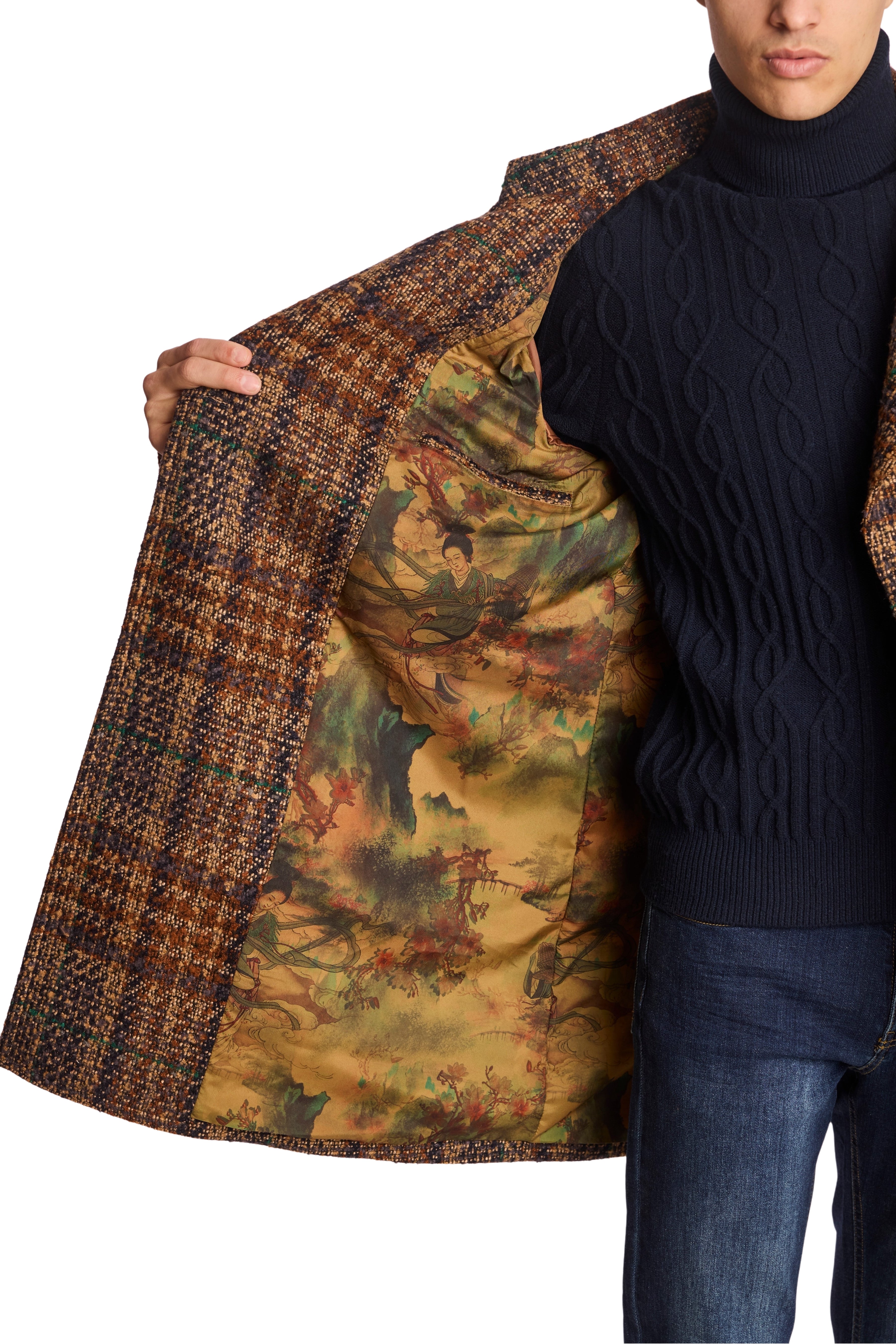 Military DB Overcoat - Tan Purple Rust Plaid