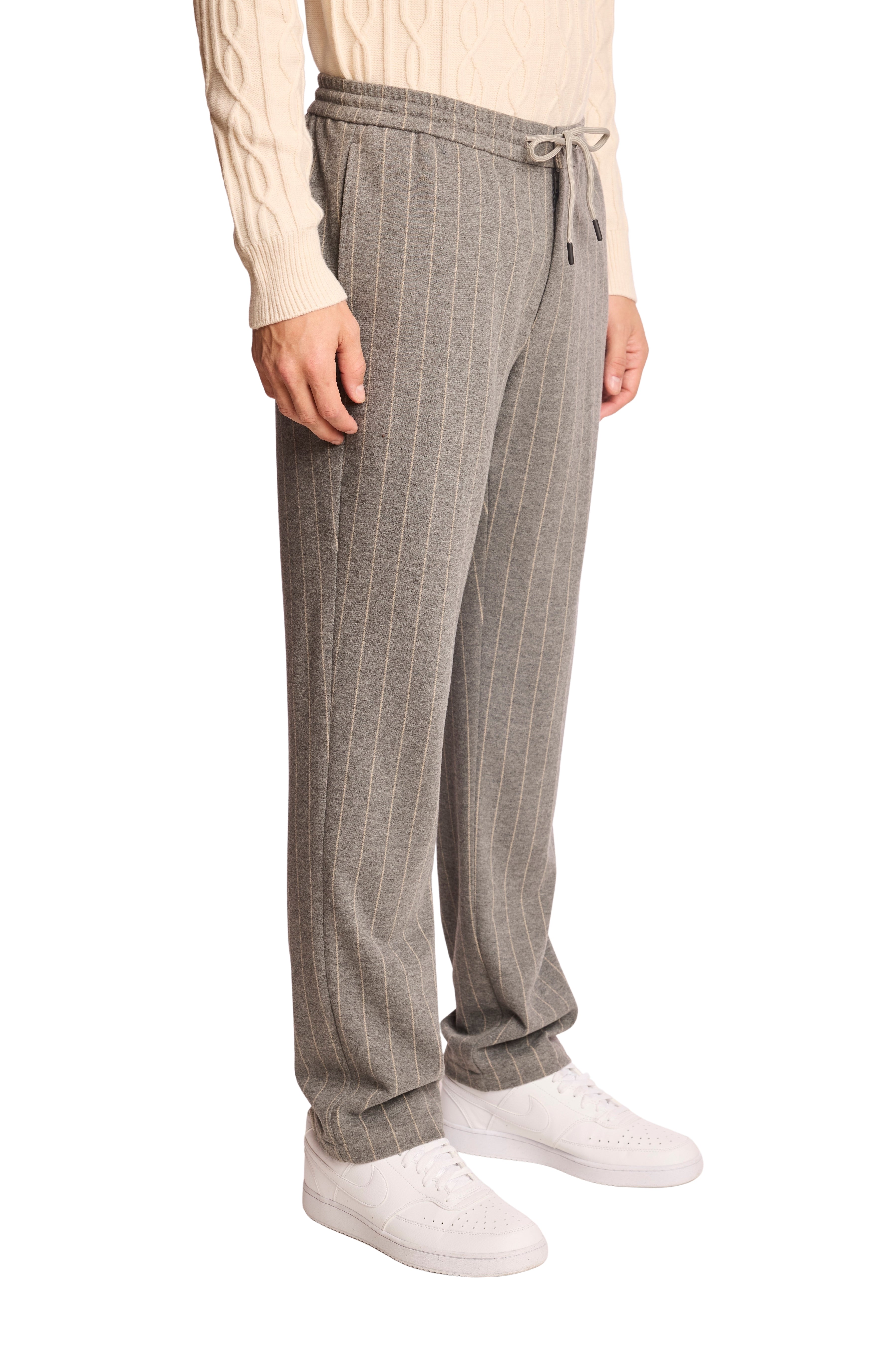 Chester Drawstring Pants - slim - LT Grey Tan Pinstripe