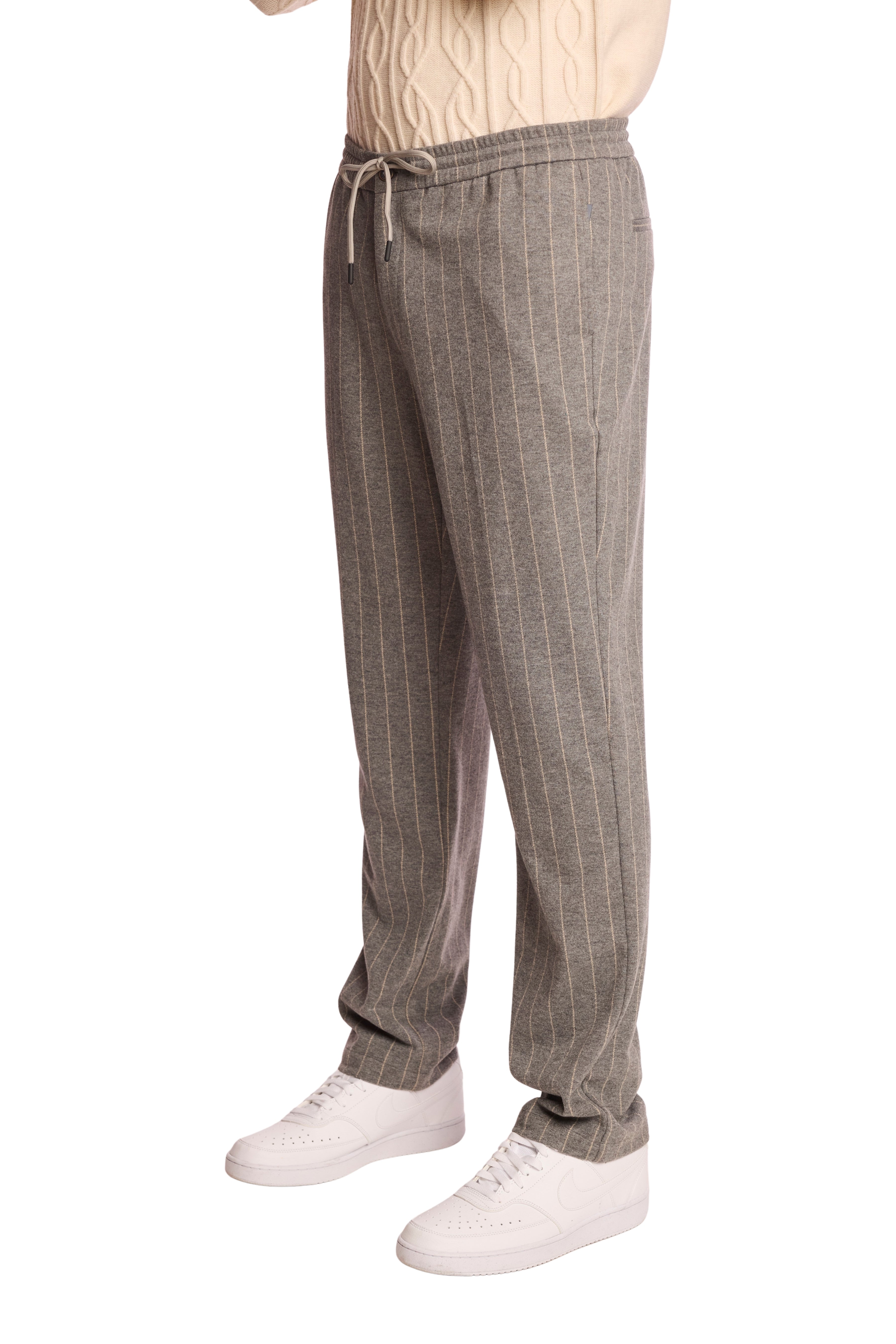 Chester Drawstring Pants - slim - LT Grey Tan Pinstripe