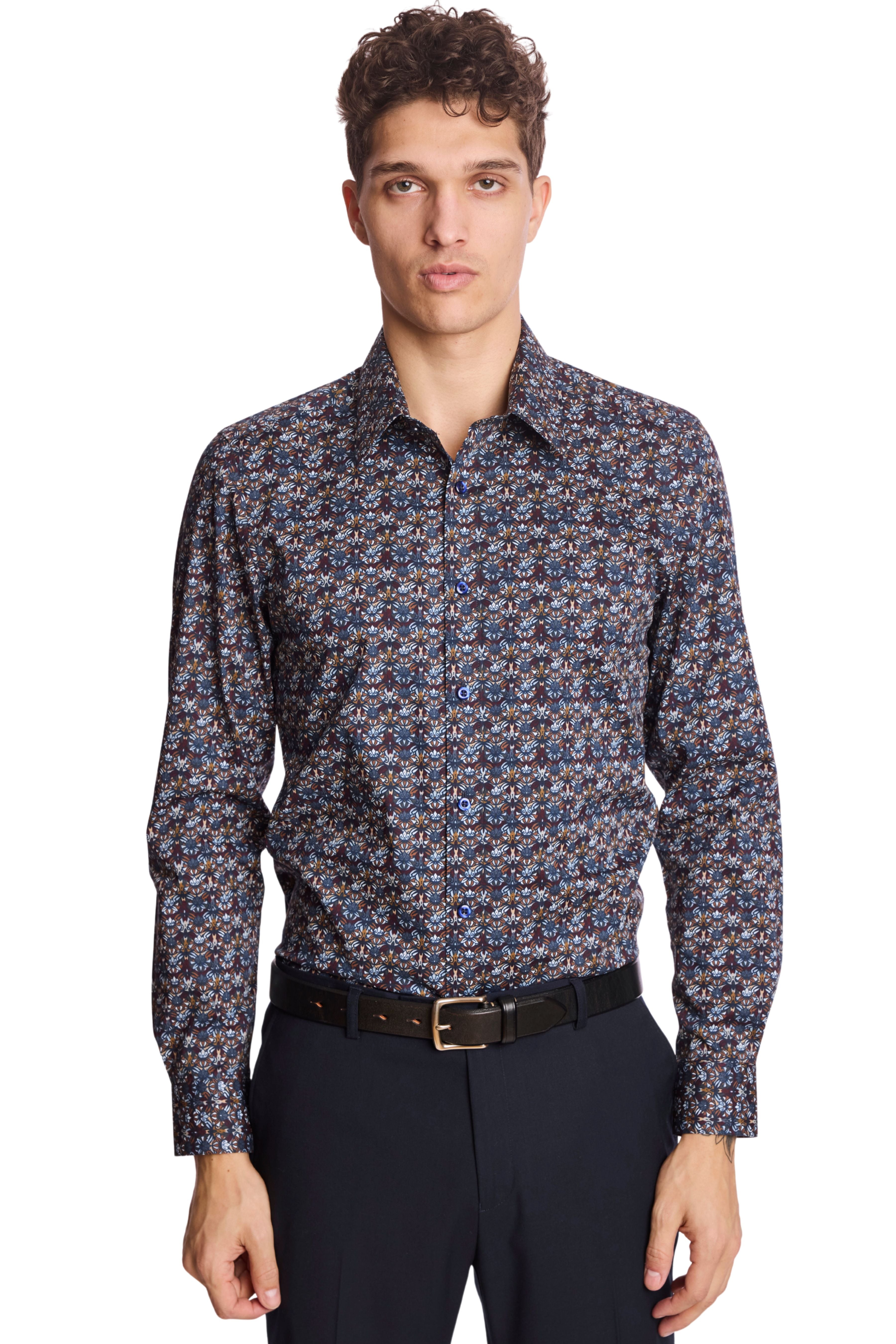 Parker Pointed Collar Shirt - Blue & Burgundy Abstract