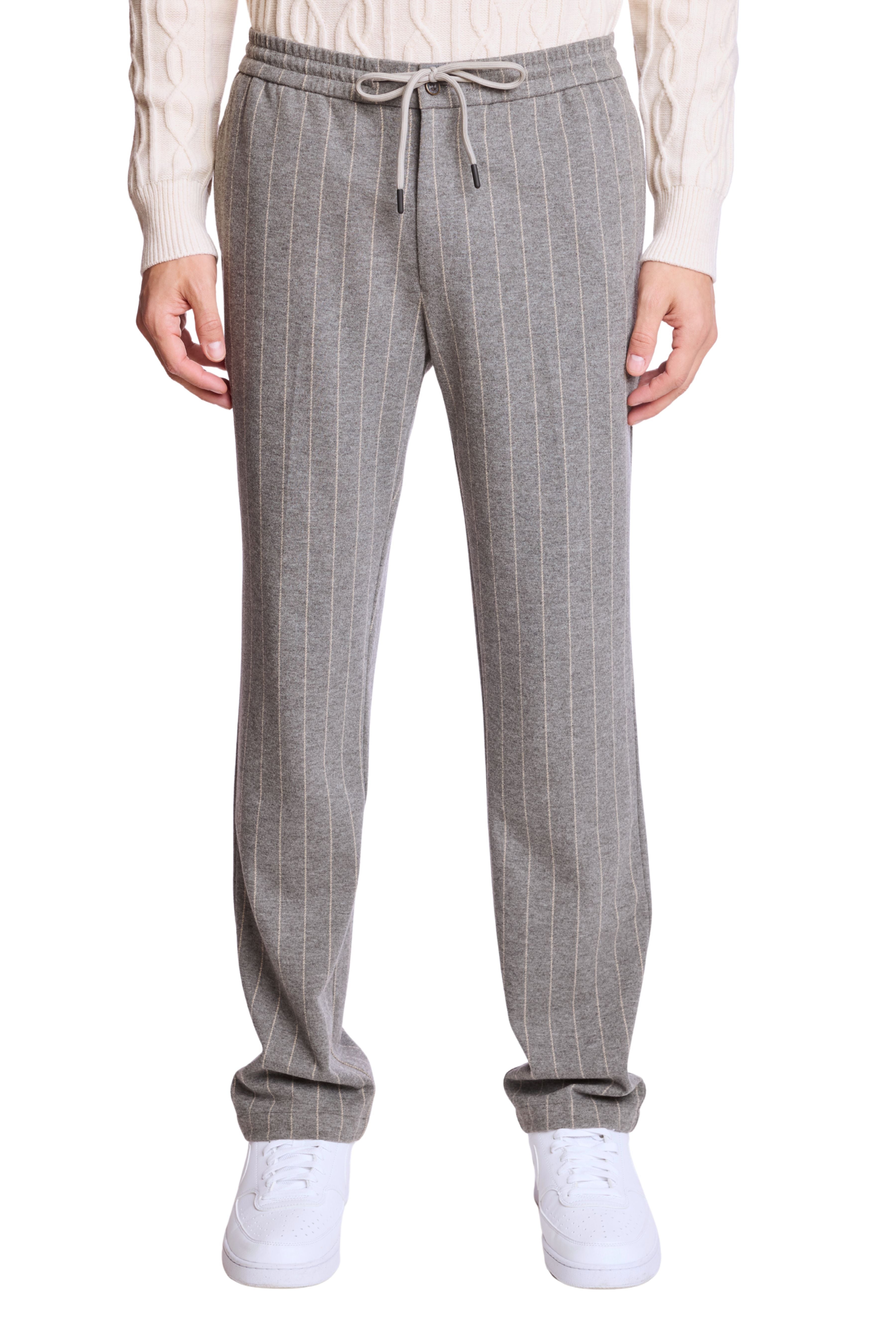 Chester Drawstring Pants - slim - LT Grey Tan Pinstripe