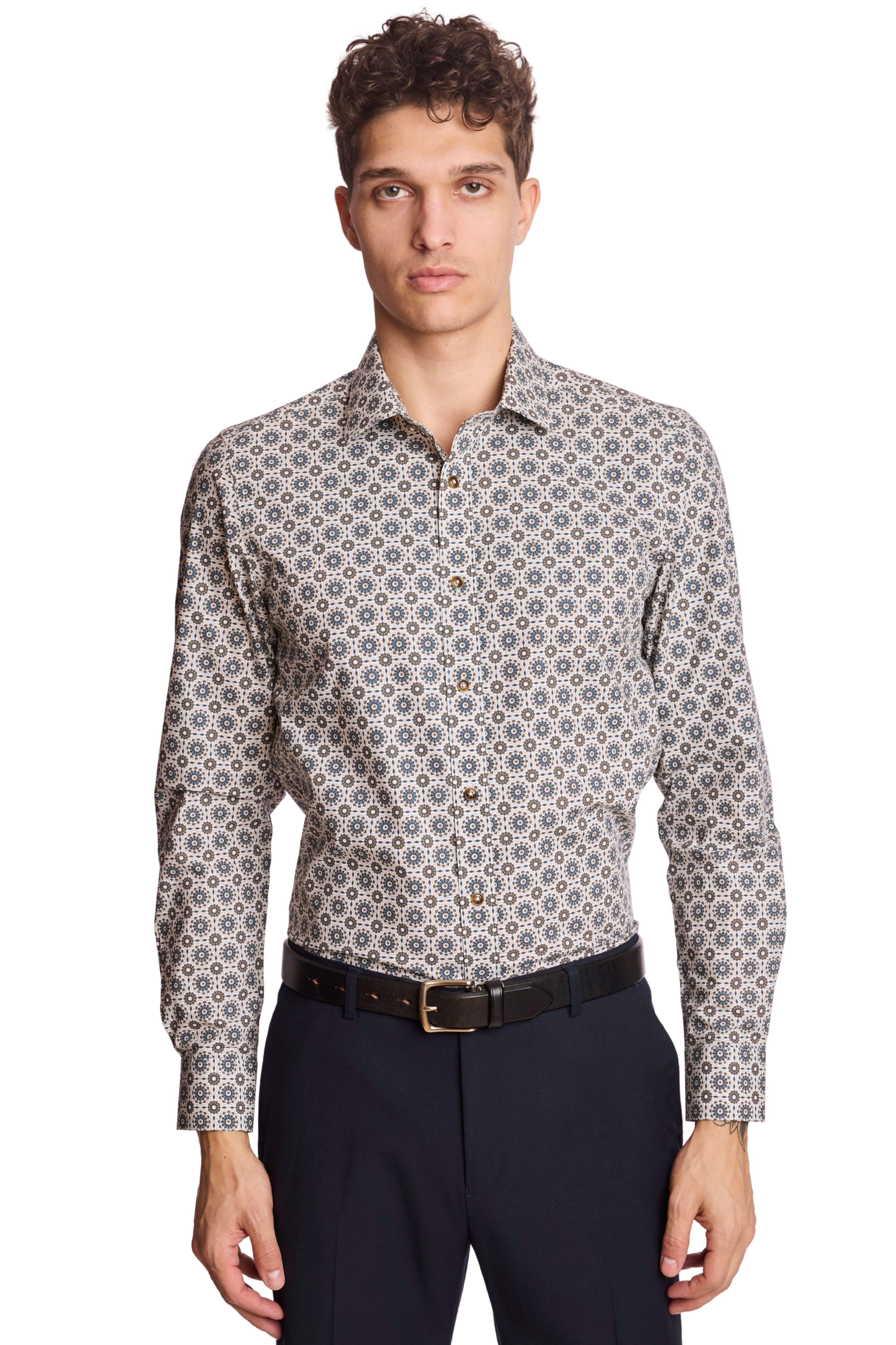 Samuel Spread Collar Shirt - Brown & Blue Geometric