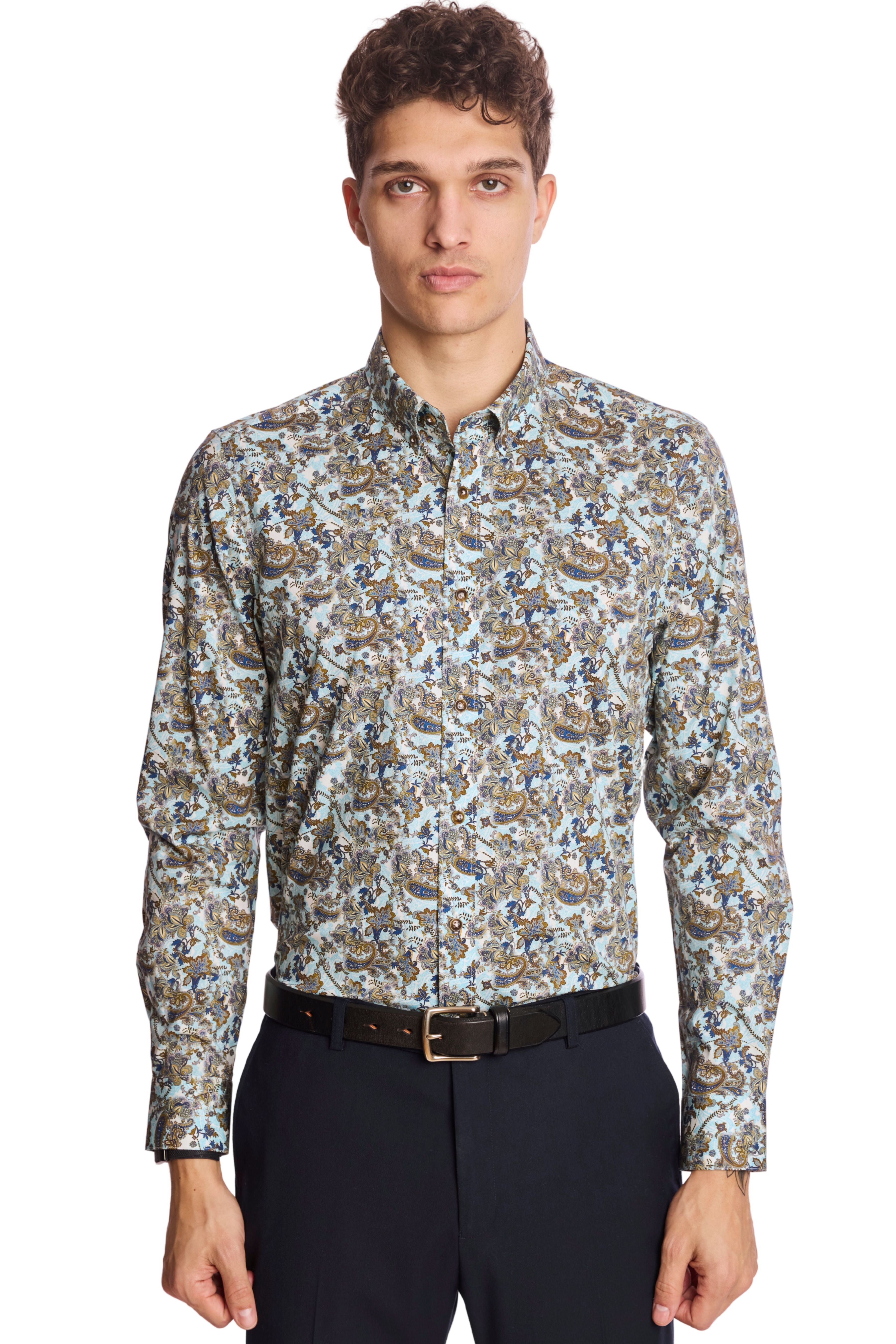 Brian Button Down Shirt - LT Blue & Brown Paisley