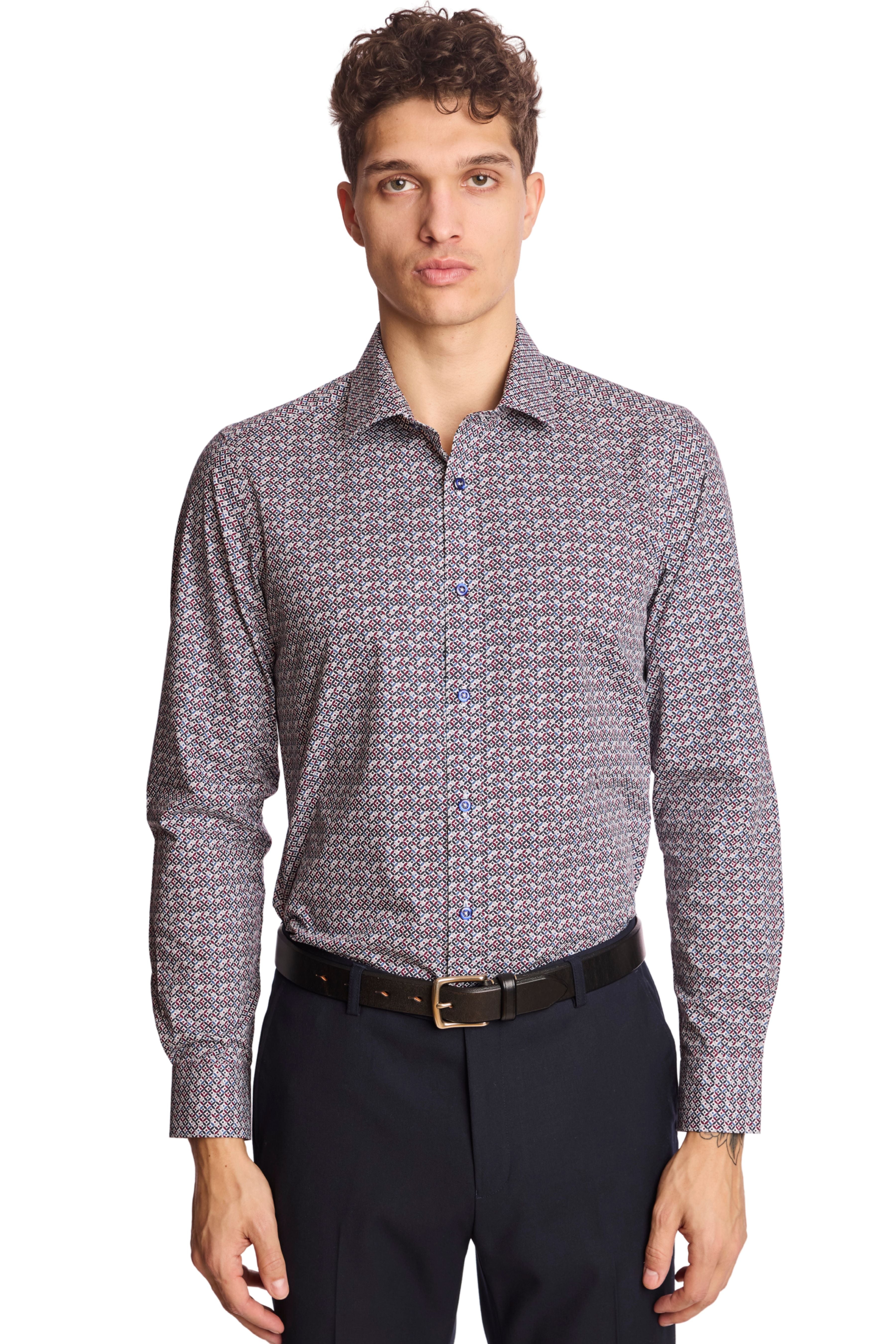Samuel Spread Collar Shirt - Red Blue & White Geo