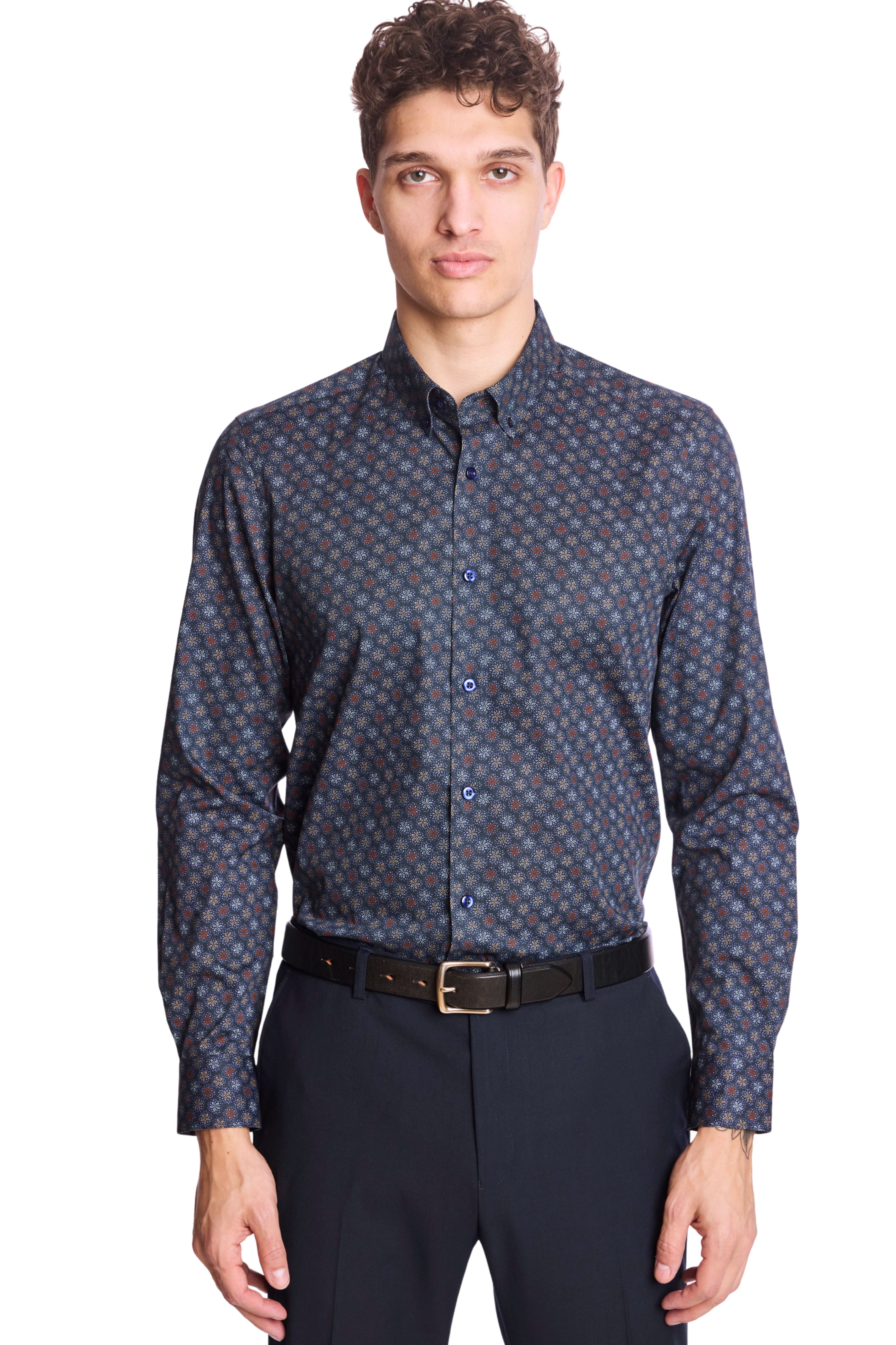 Brian Button Down Shirt - Navy & Tan Stars