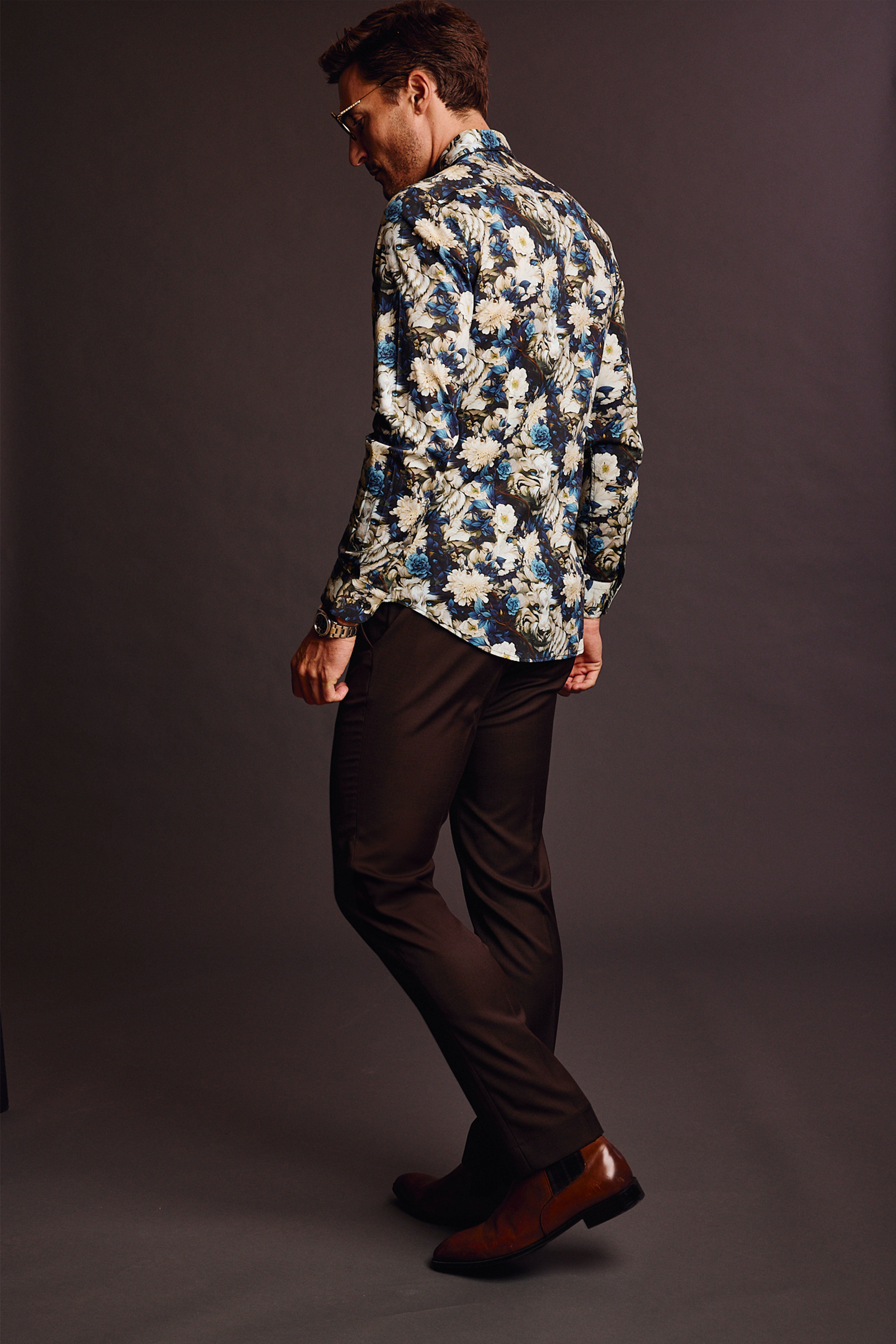 Parker Pointed Collar Shirt - Blue Floral Lion