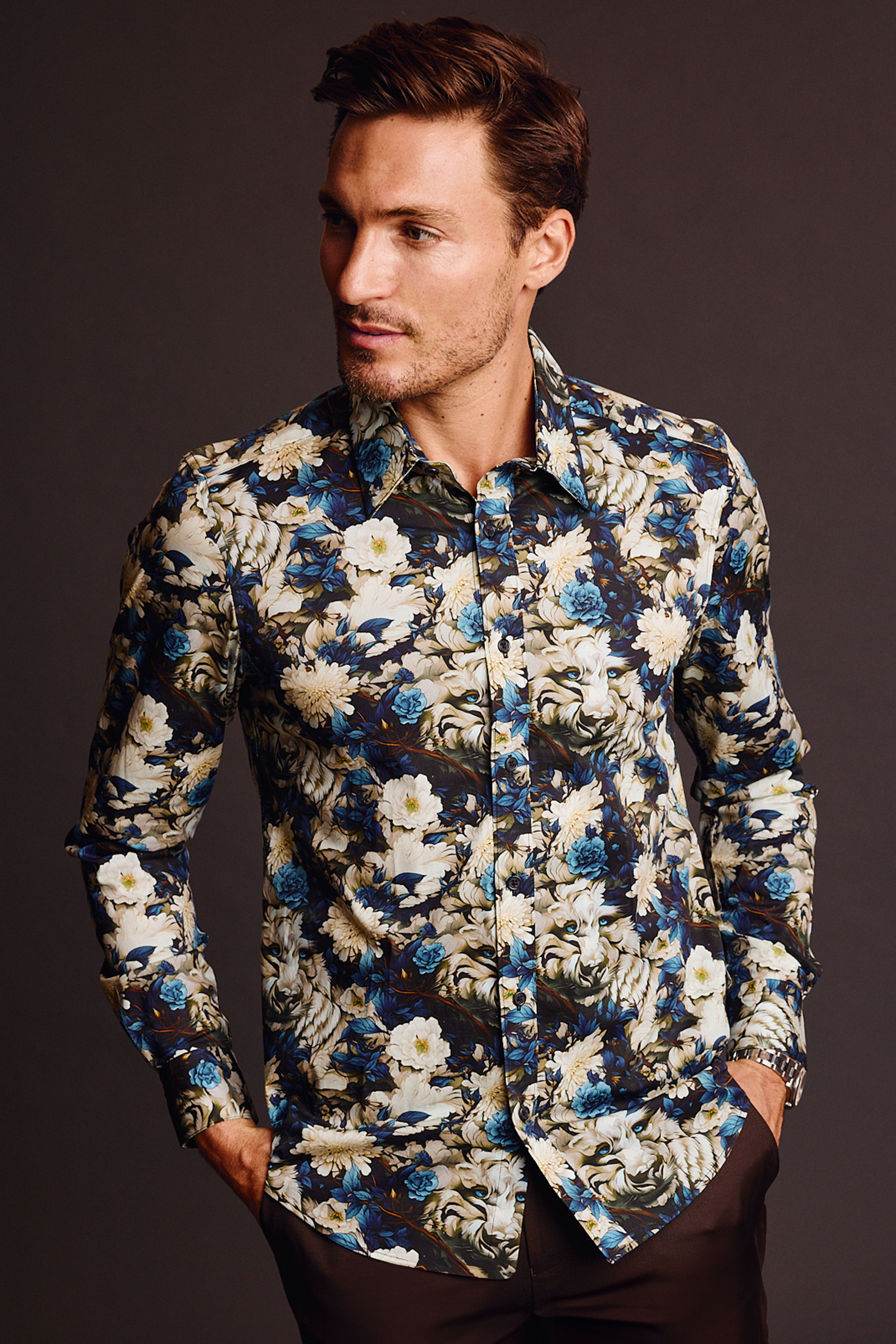 Parker Pointed Collar Shirt - Blue Floral Lion