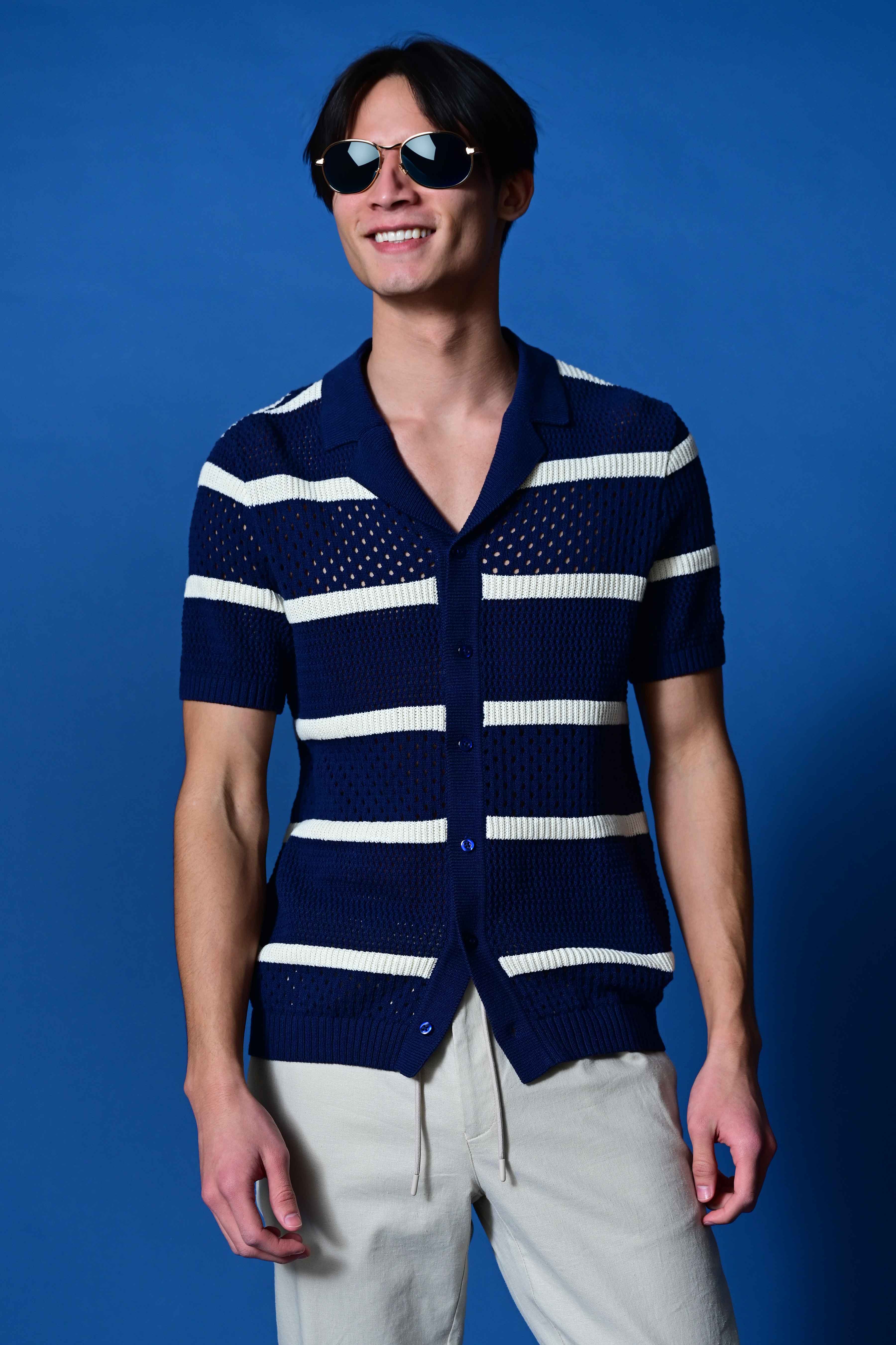 Full Placket Crochet Polo - Navy & Cream