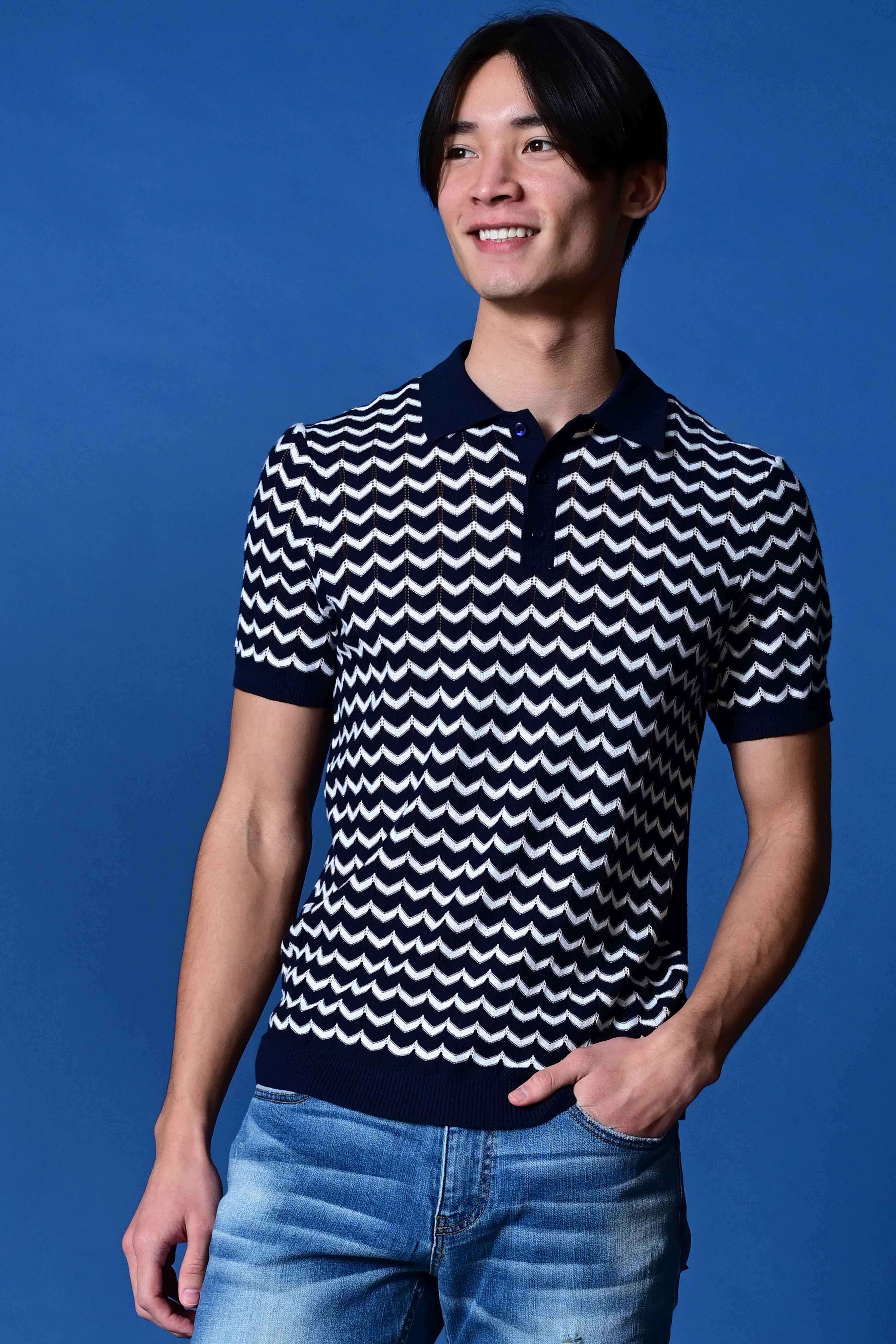 3 Button Chevron Polo - Navy & White Zig Zag