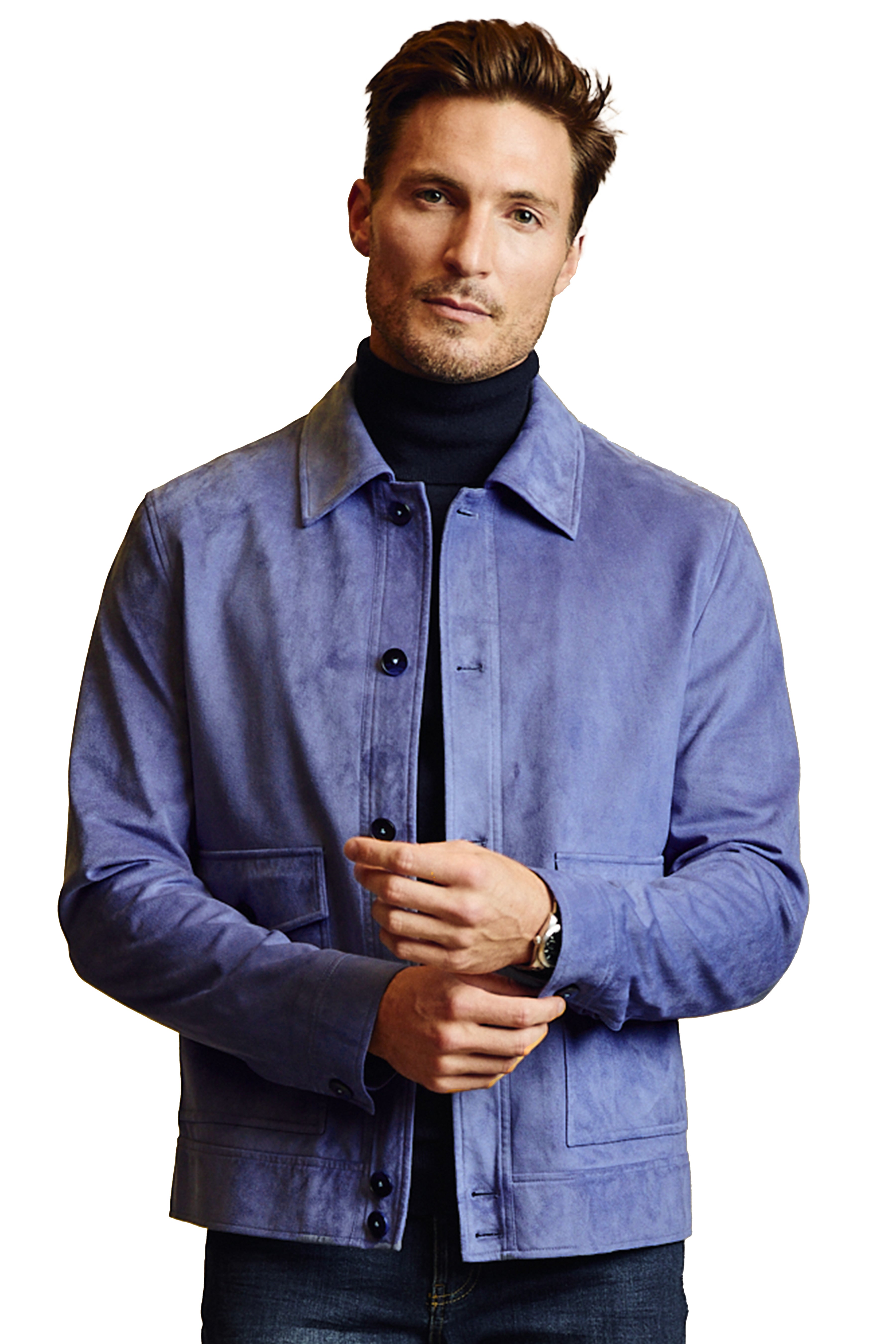 Milo Buttoned Bomber Jacket  - slim - Soft Blue Micro Suede