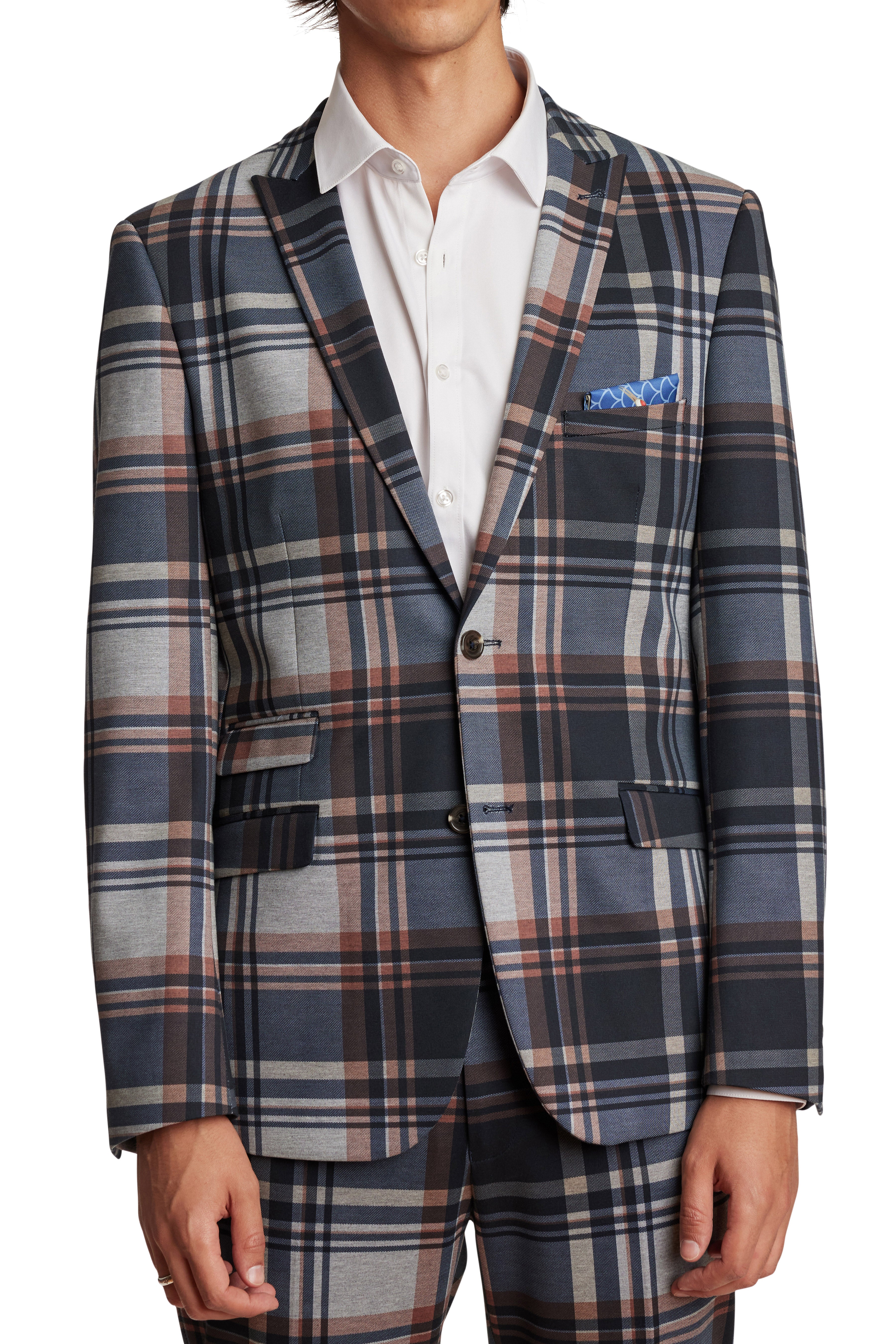 Ashton Knit Peak Jacket - slim - Navy Grey Plaid
