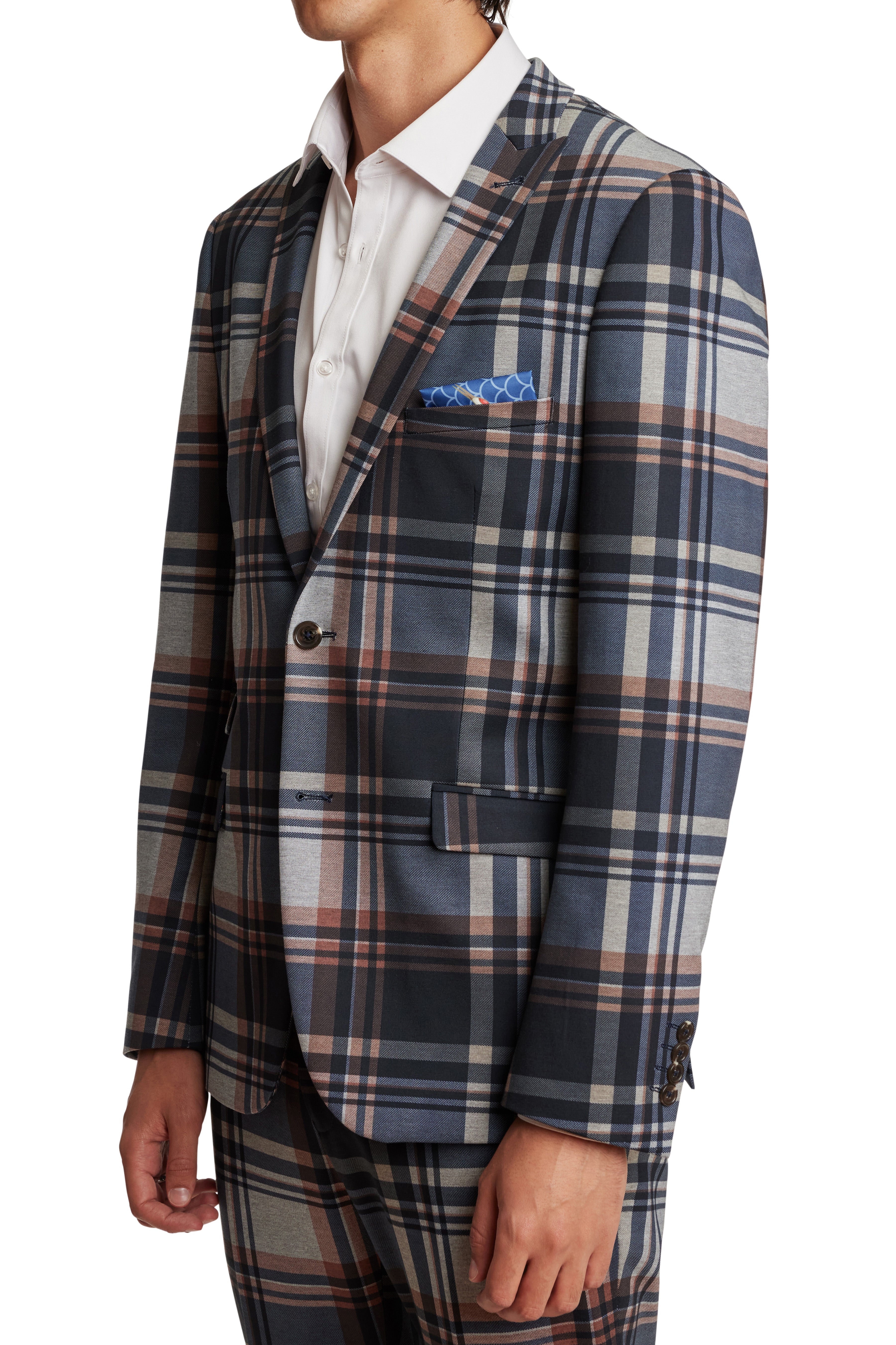 Ashton Knit Peak Jacket - slim - Navy Grey Plaid