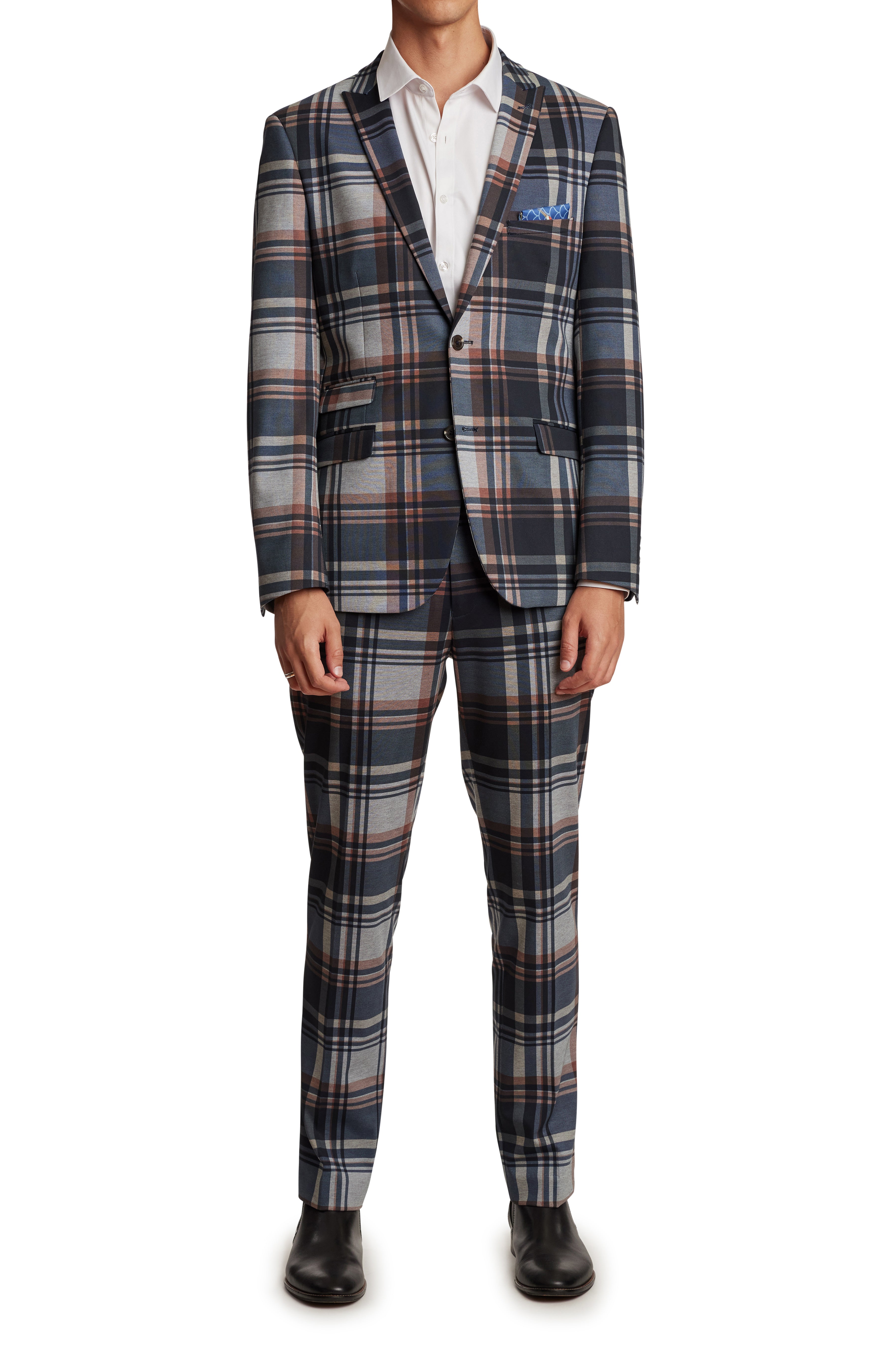 Ashton Knit Peak Jacket - slim - Navy Grey Plaid