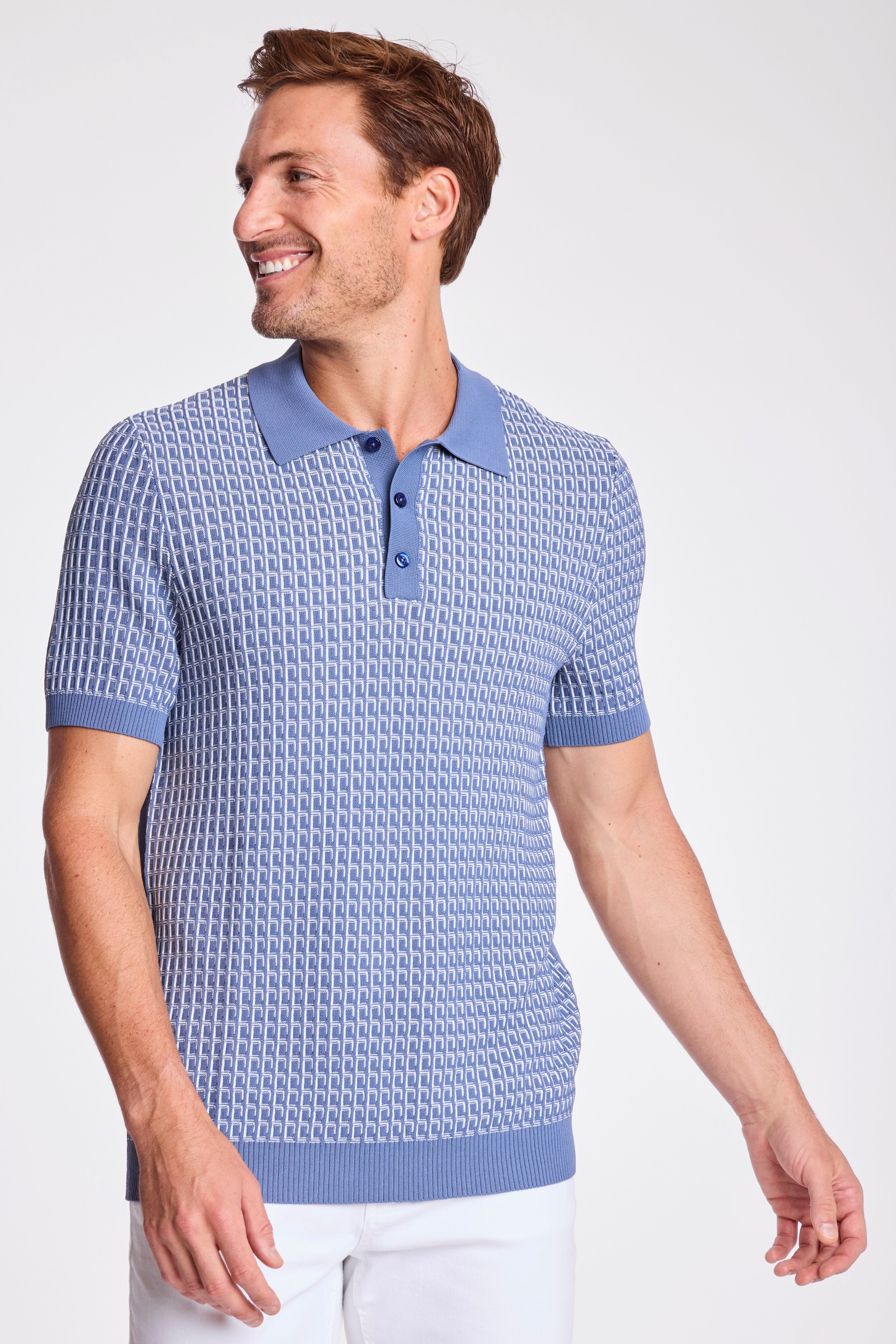 3 Button Polo - Dusty Blue & White