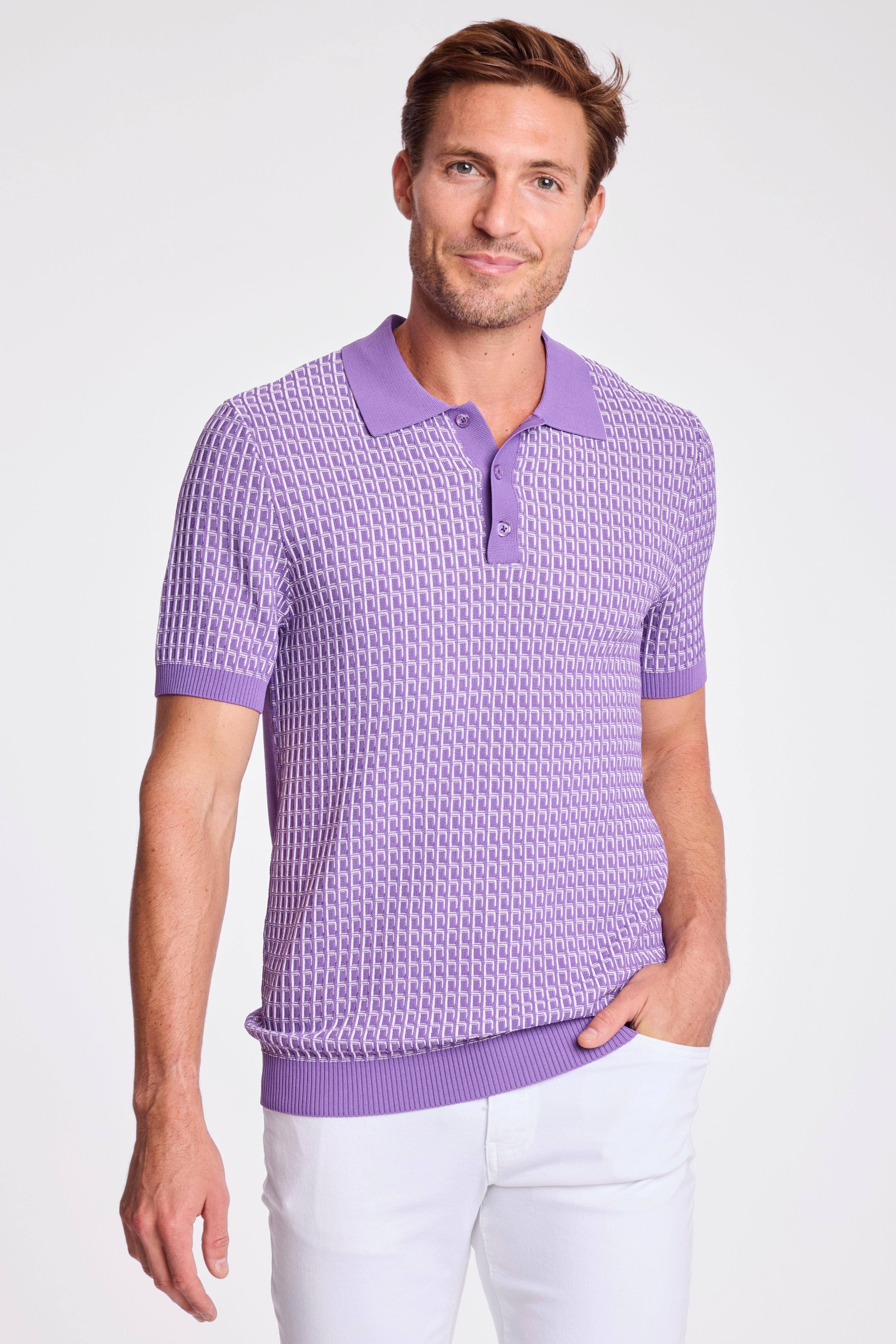 3 Button Polo - Deep Lilac & White