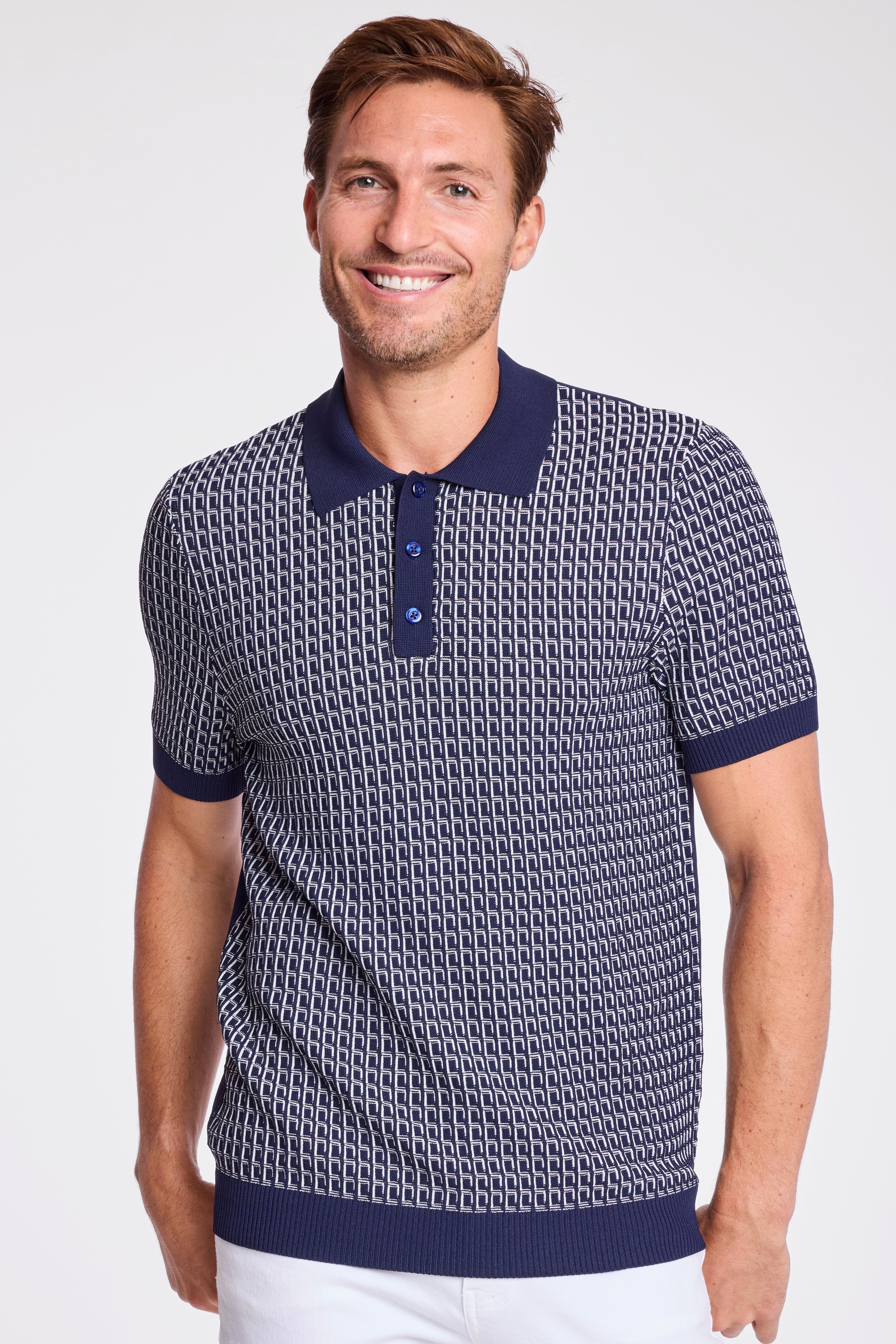 3 Button Polo - Crisp Navy & White