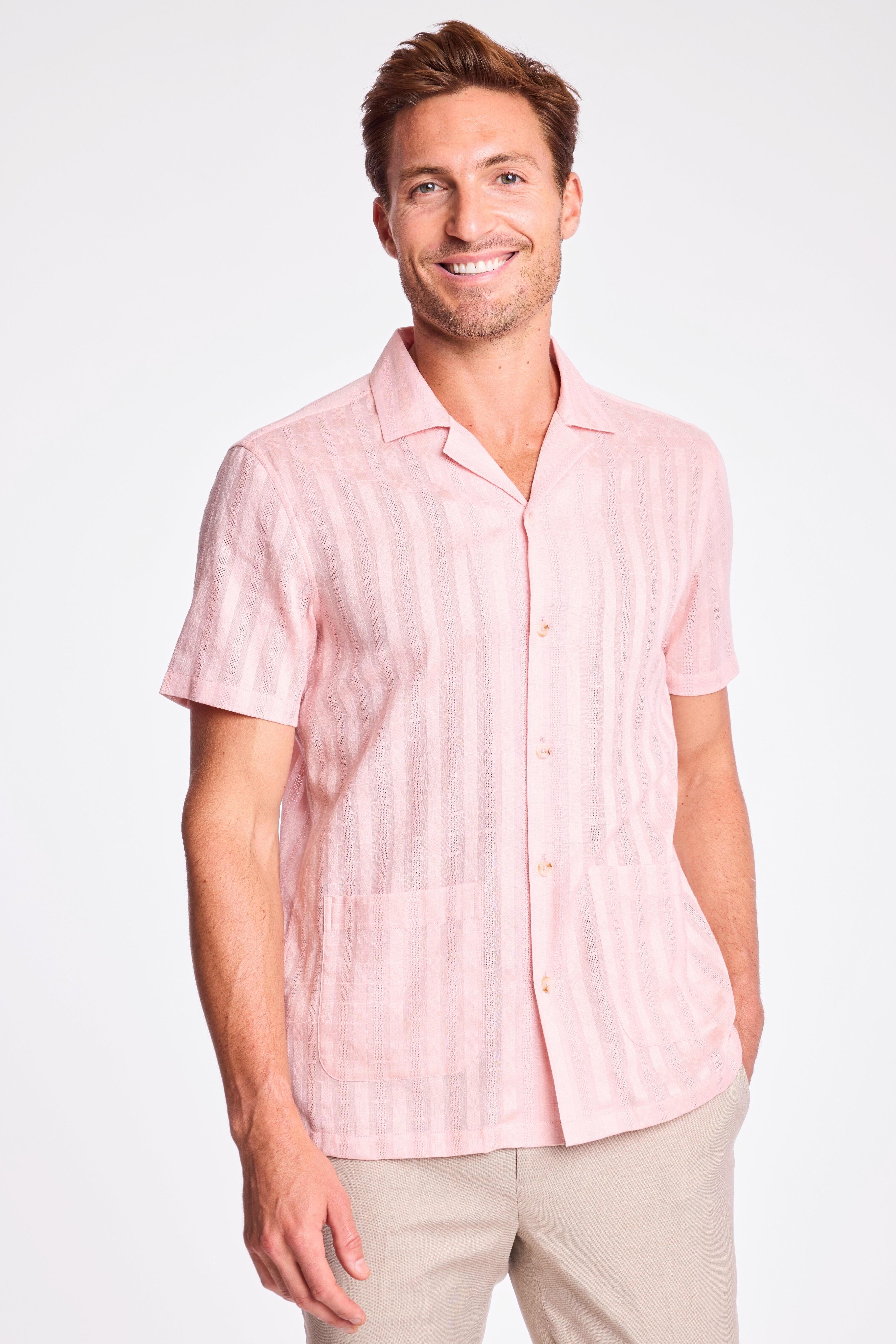 S/S Camp Collar 2 Pkt Shirt - Pink Dobby Stripes