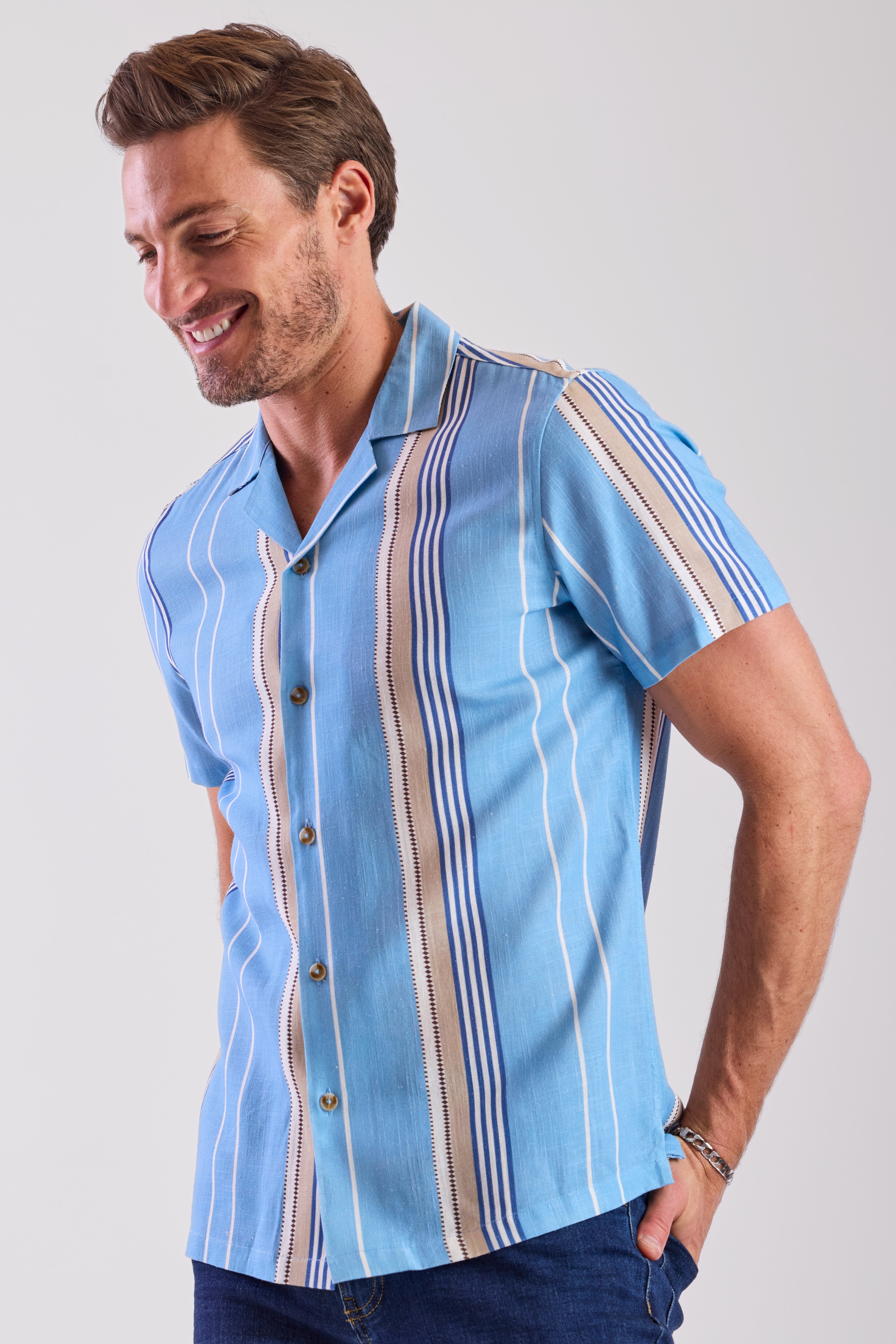 S/S Camp Collar Shirt - Sand & Sky Stripe