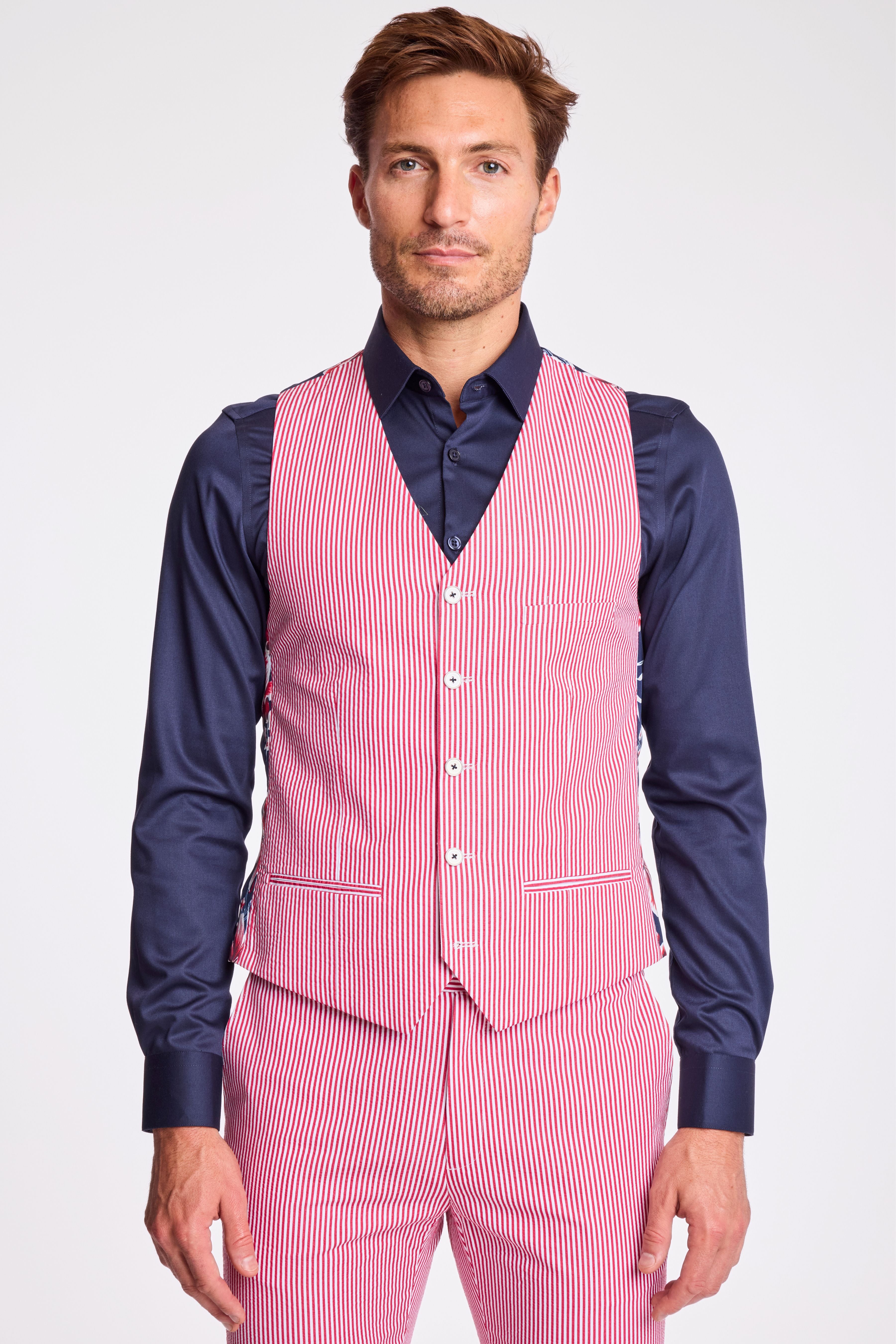 Eaton 5 Button Vest  - slim - Red Seersucker