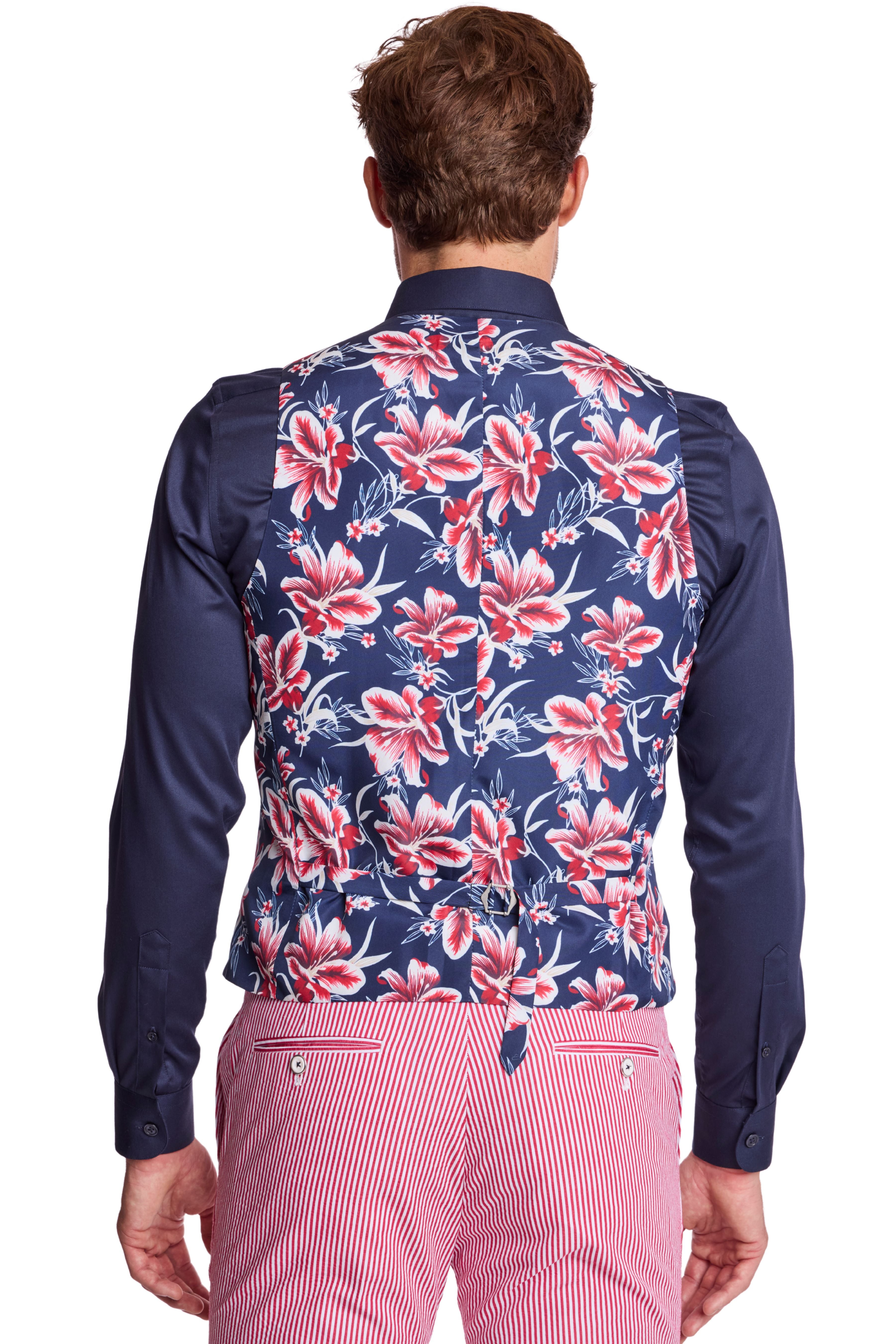 Eaton 5 Button Vest  - slim - Red Seersucker