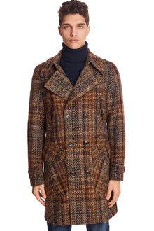  Military DB Overcoat - Tan Purple Rust Plaid