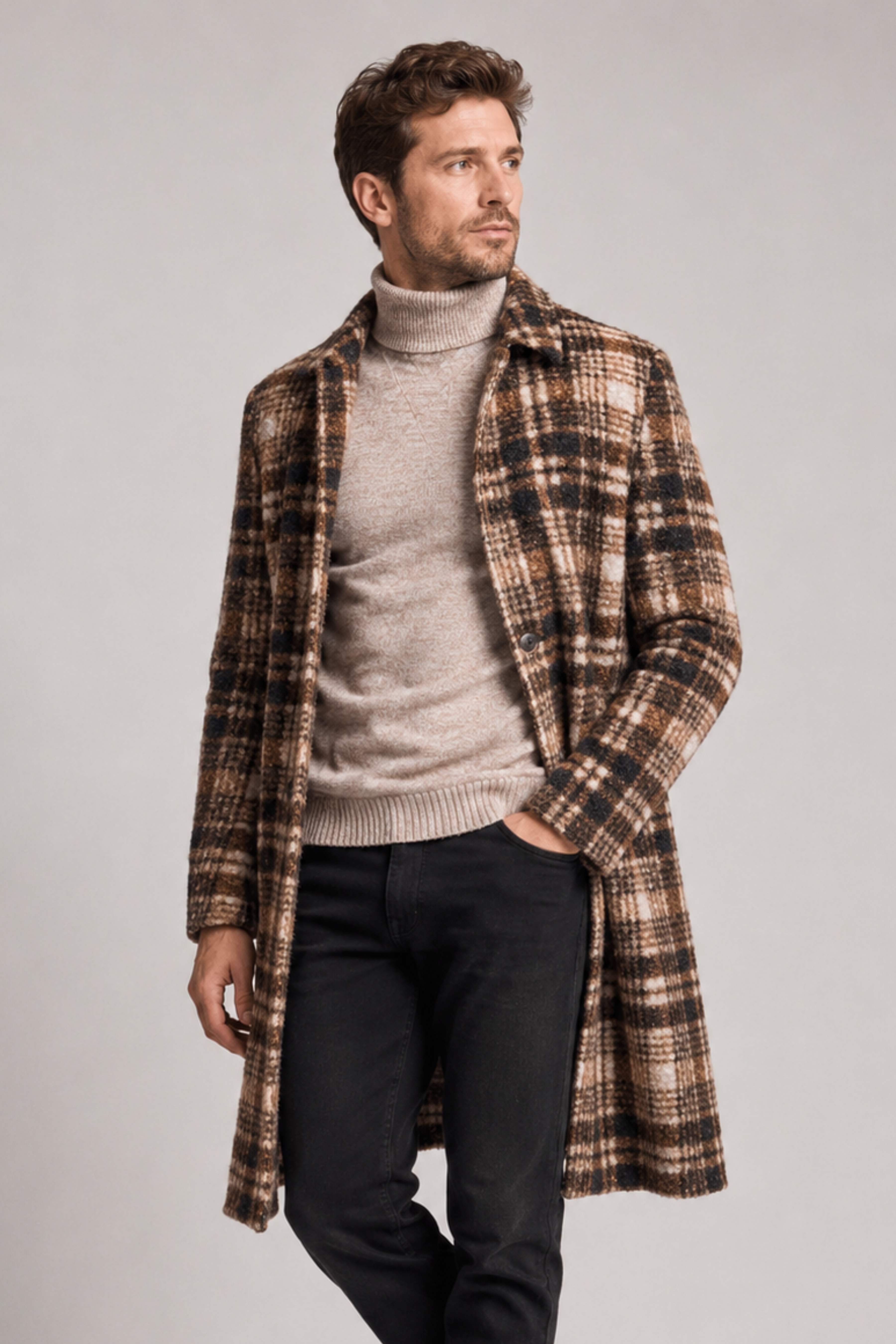 Slash Pocket Overcoat - slim - Chocolate Swirl Check