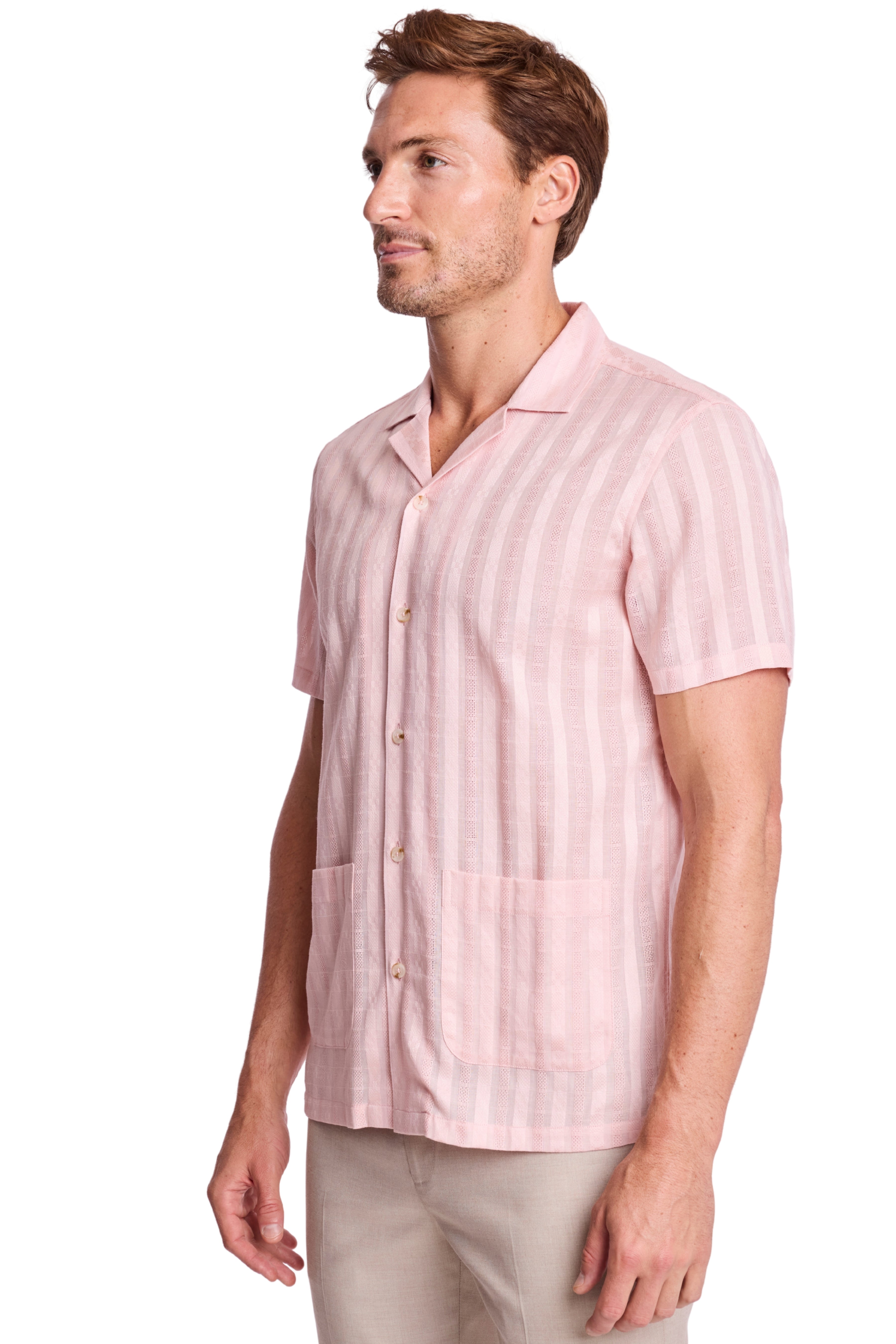 S/S Camp Collar 2 Pkt Shirt - Pink Dobby Stripes