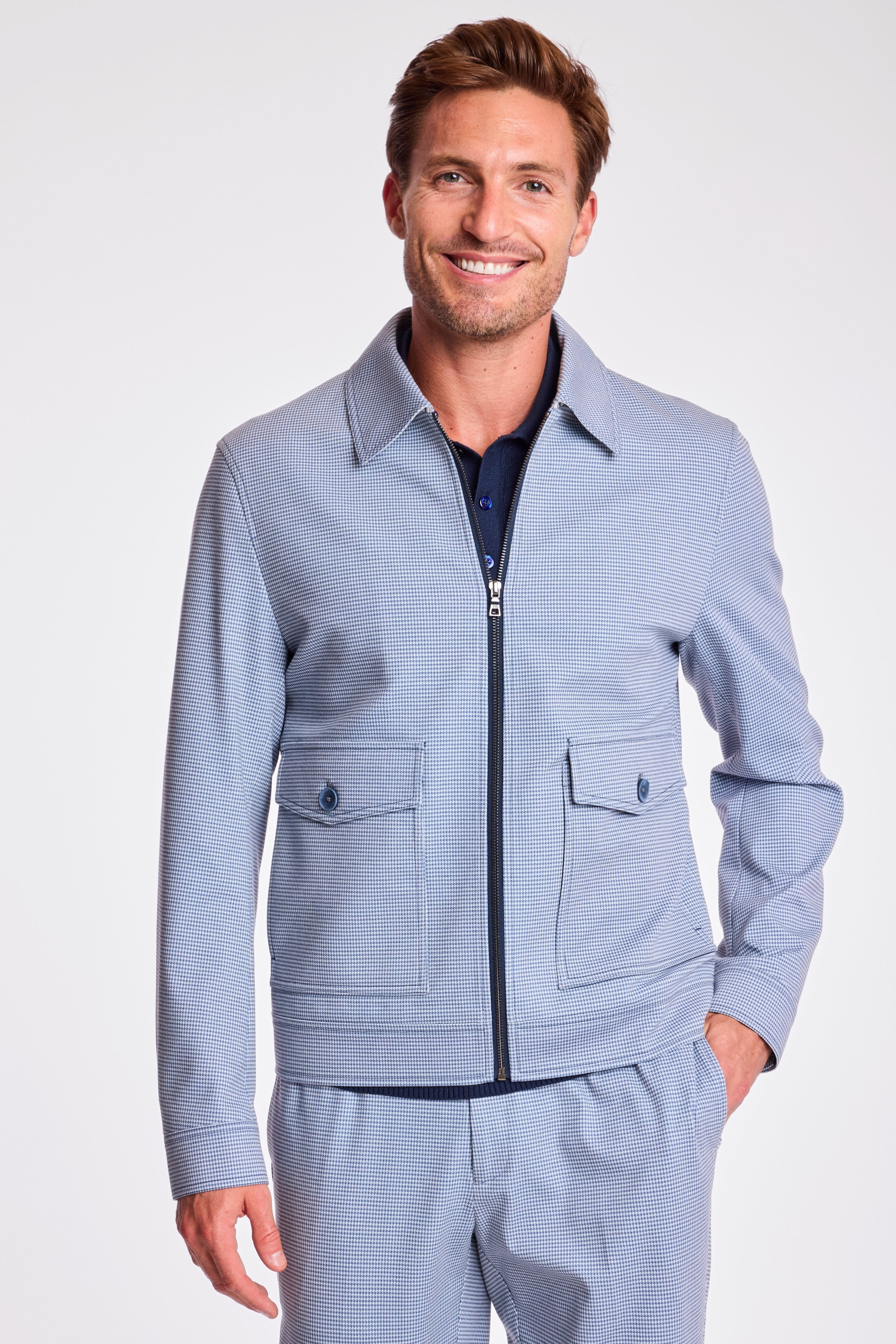 Milo Zip Front Jacket - slim - Navy Knit Houndstooth