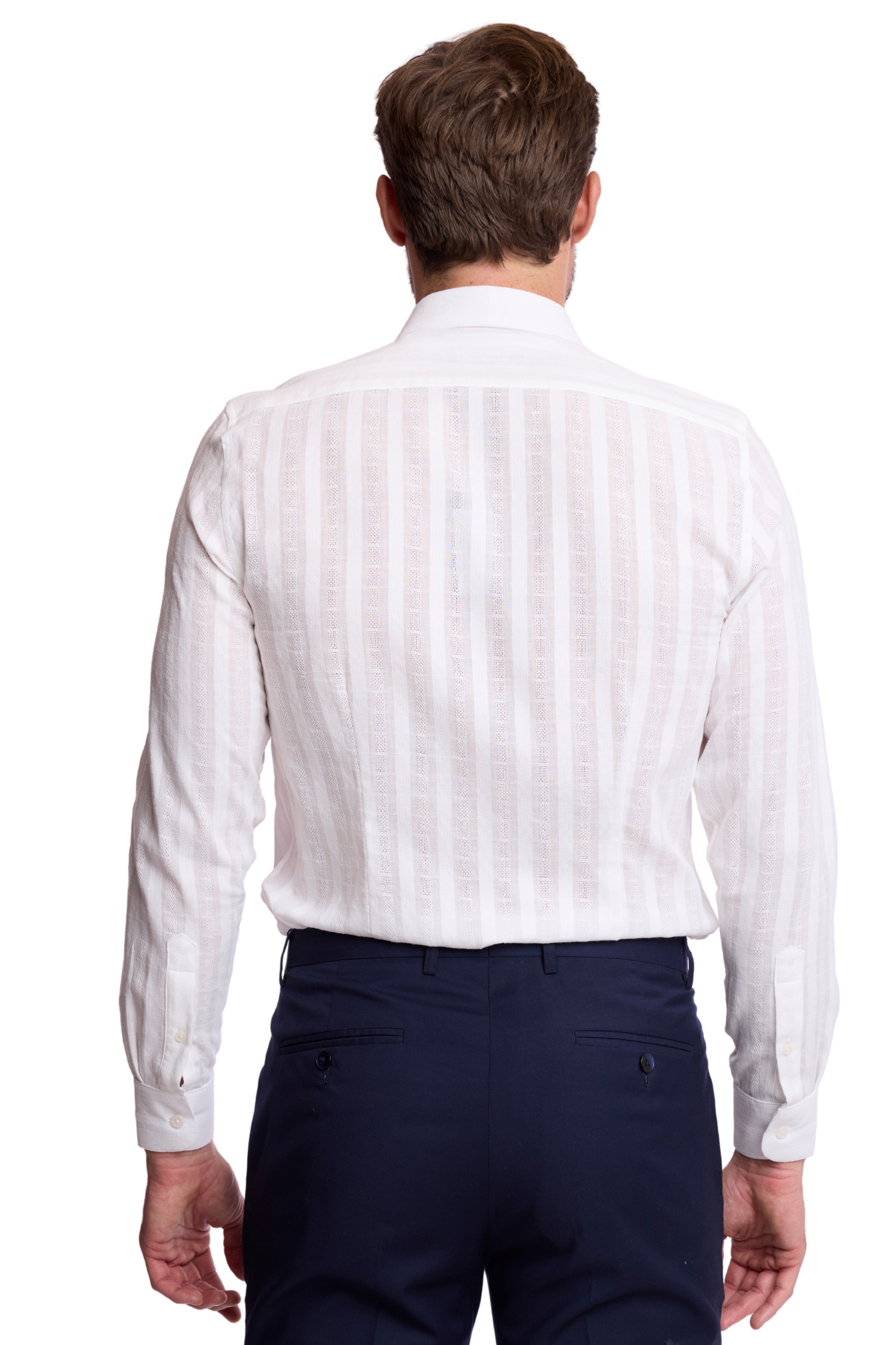 Parker Pointed Collar Shirt - White Dobby Stripes