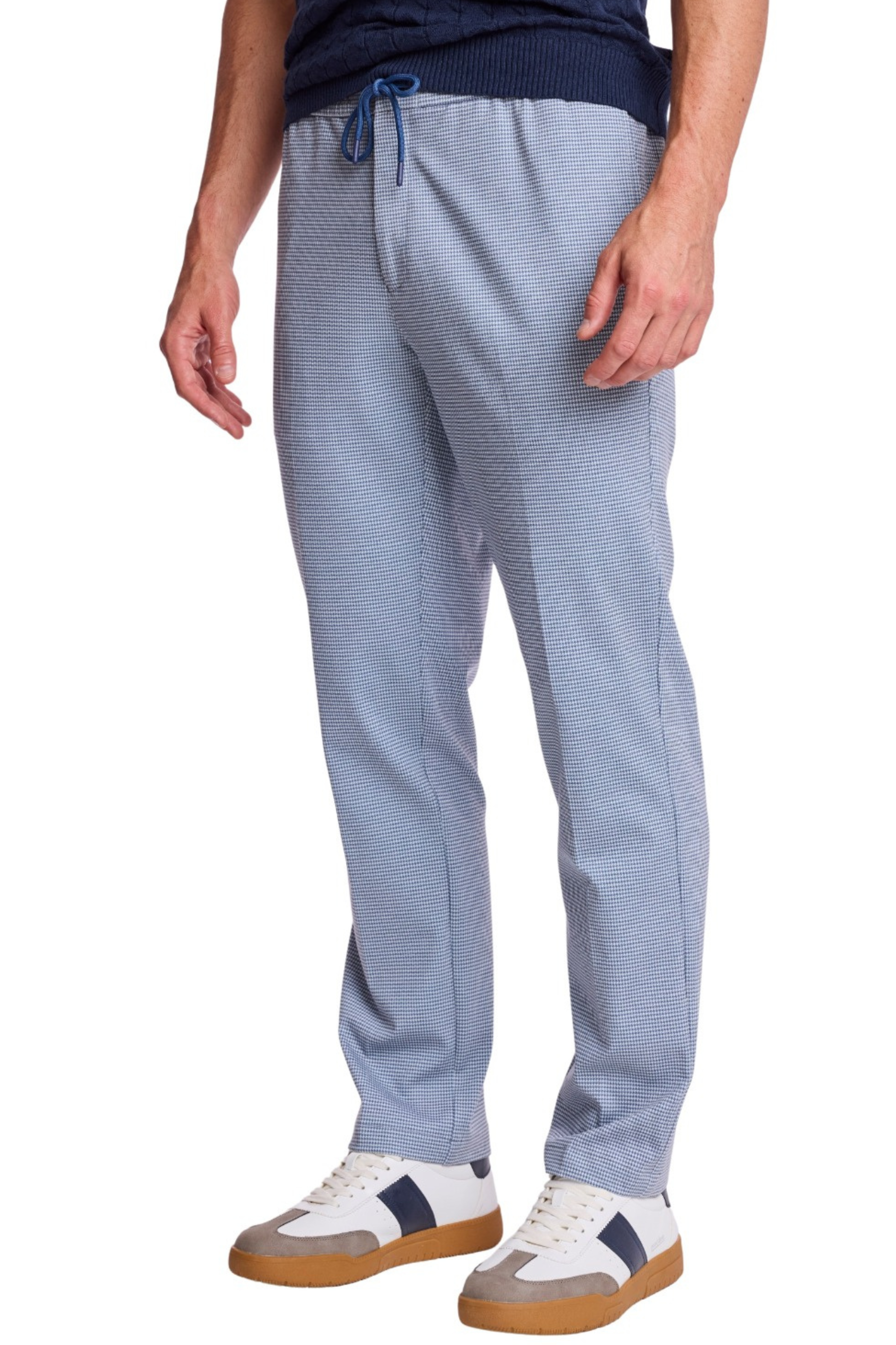 Chester Drawstring Pants - slim - Navy Knit Houndstooth