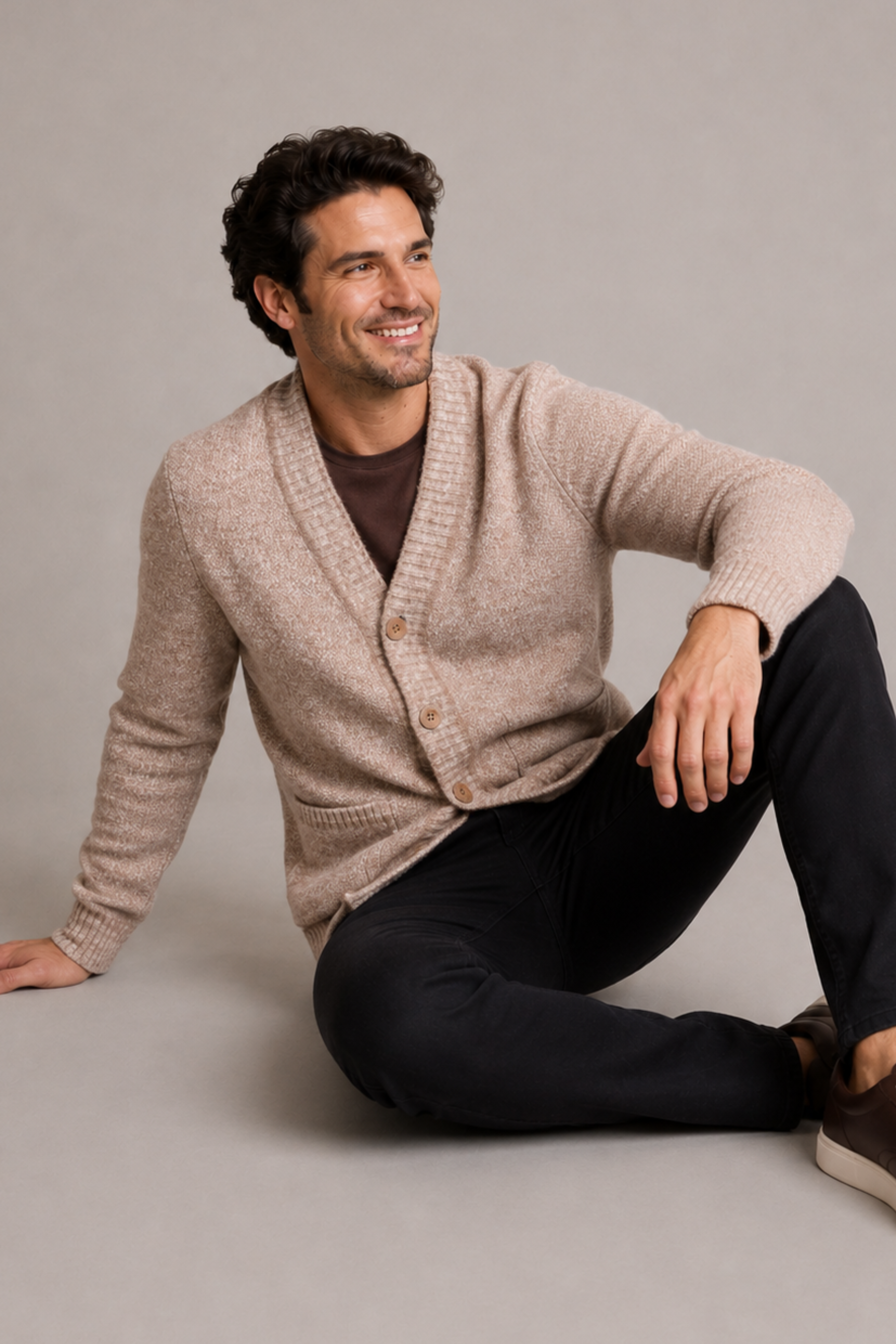 Deep V Cardigan - Beige Tan Marled