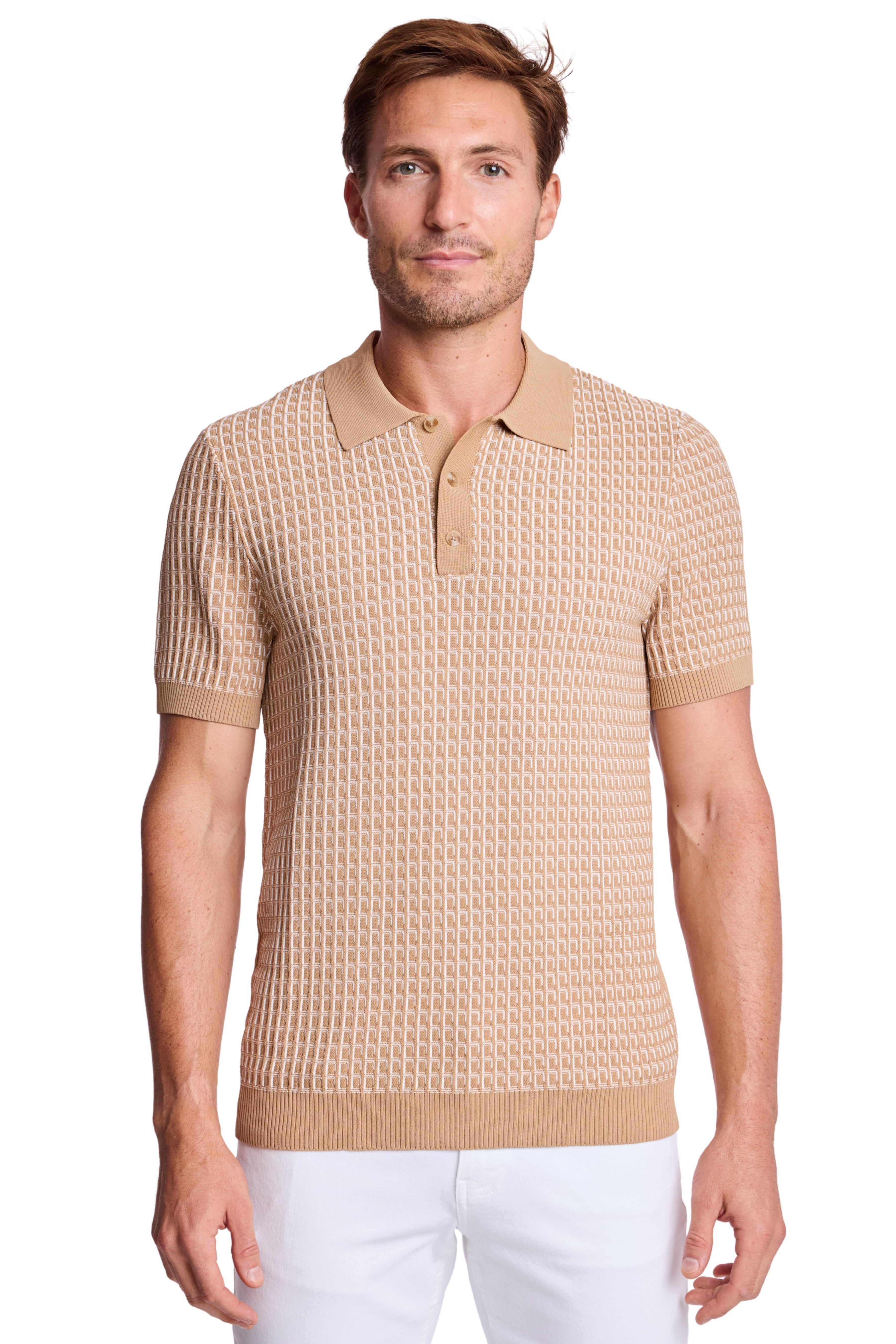 3 Button Polo - Tan & White