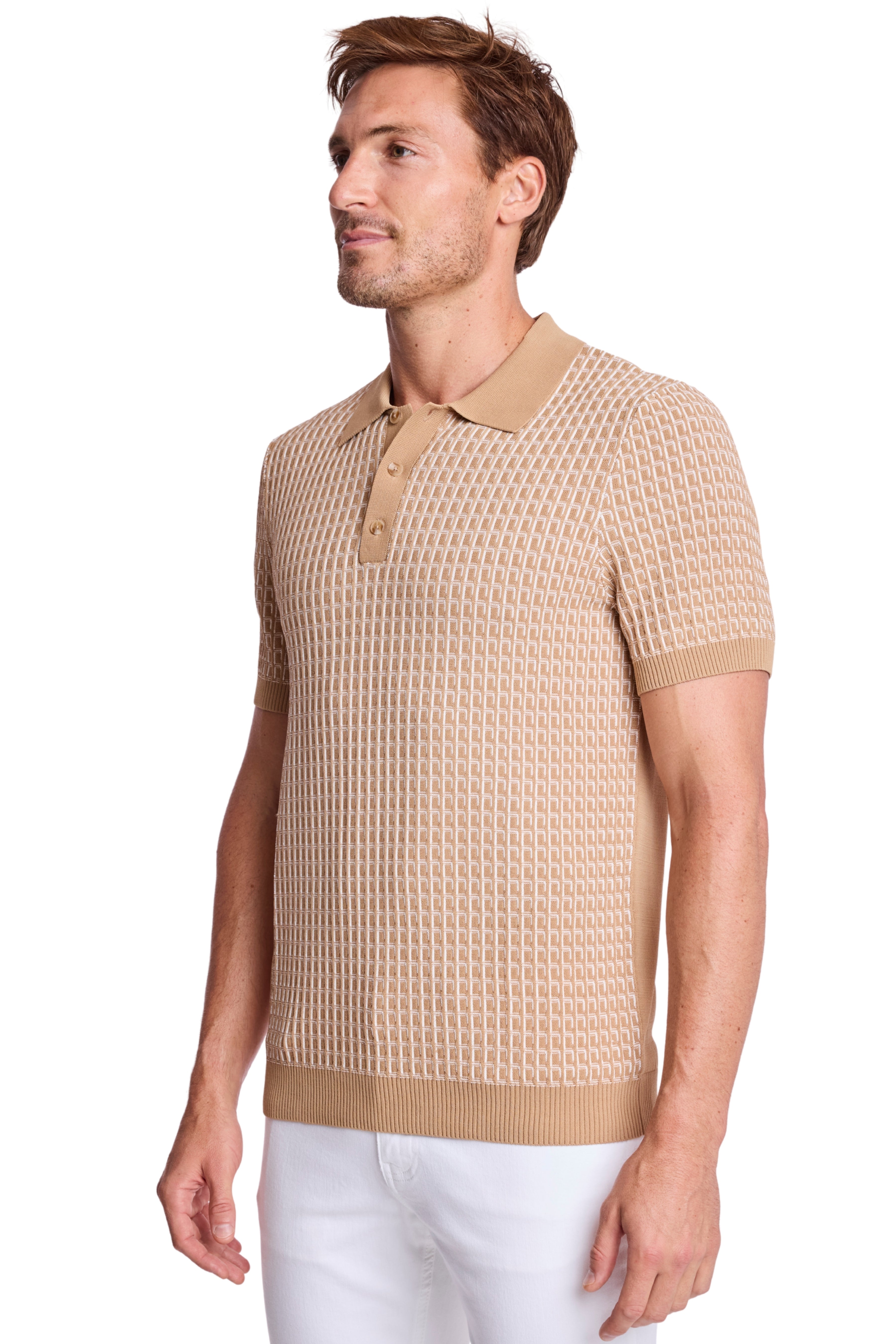 3 Button Polo - Tan & White
