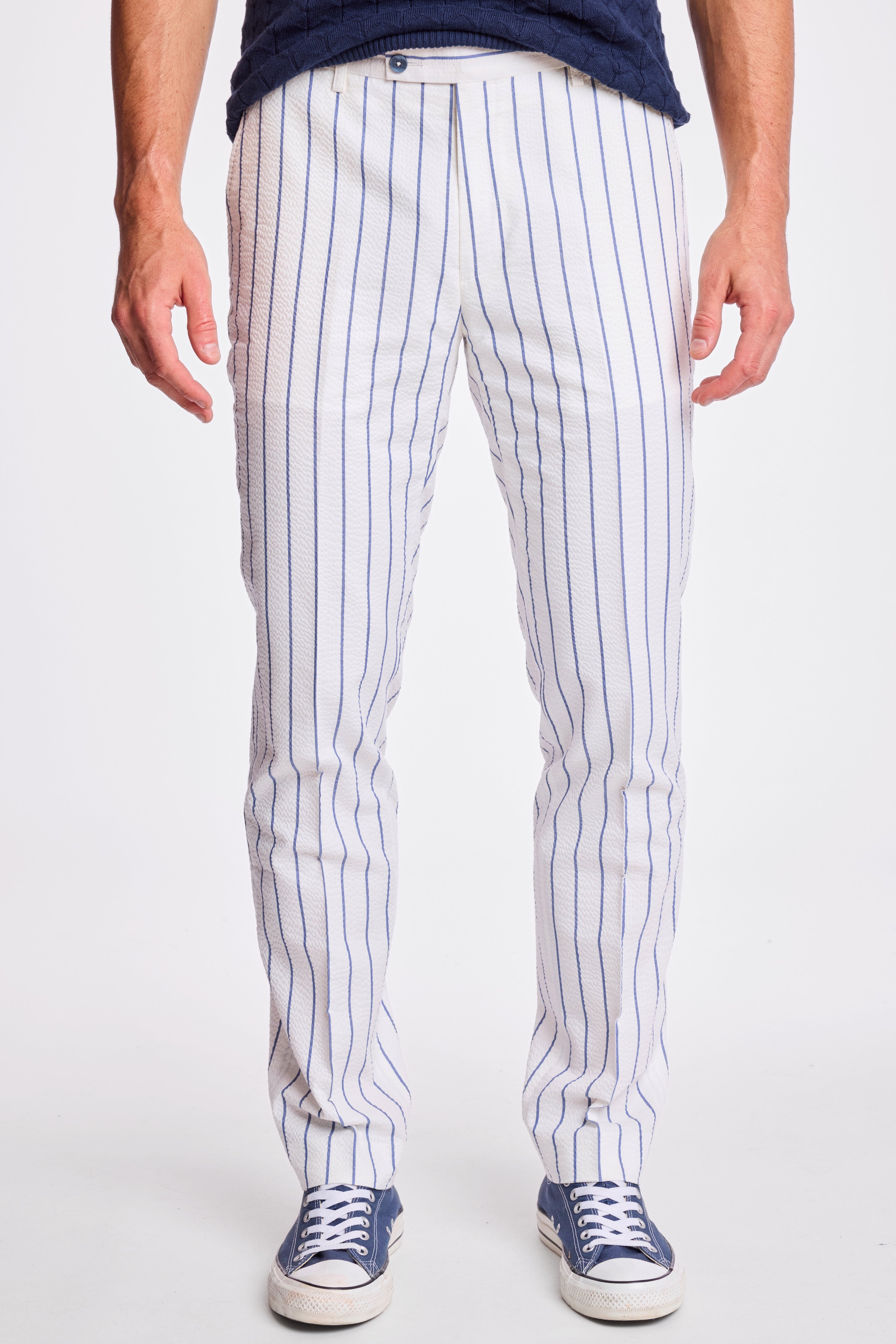 Downing Pants - slim - White Seersucker Blue Stripe