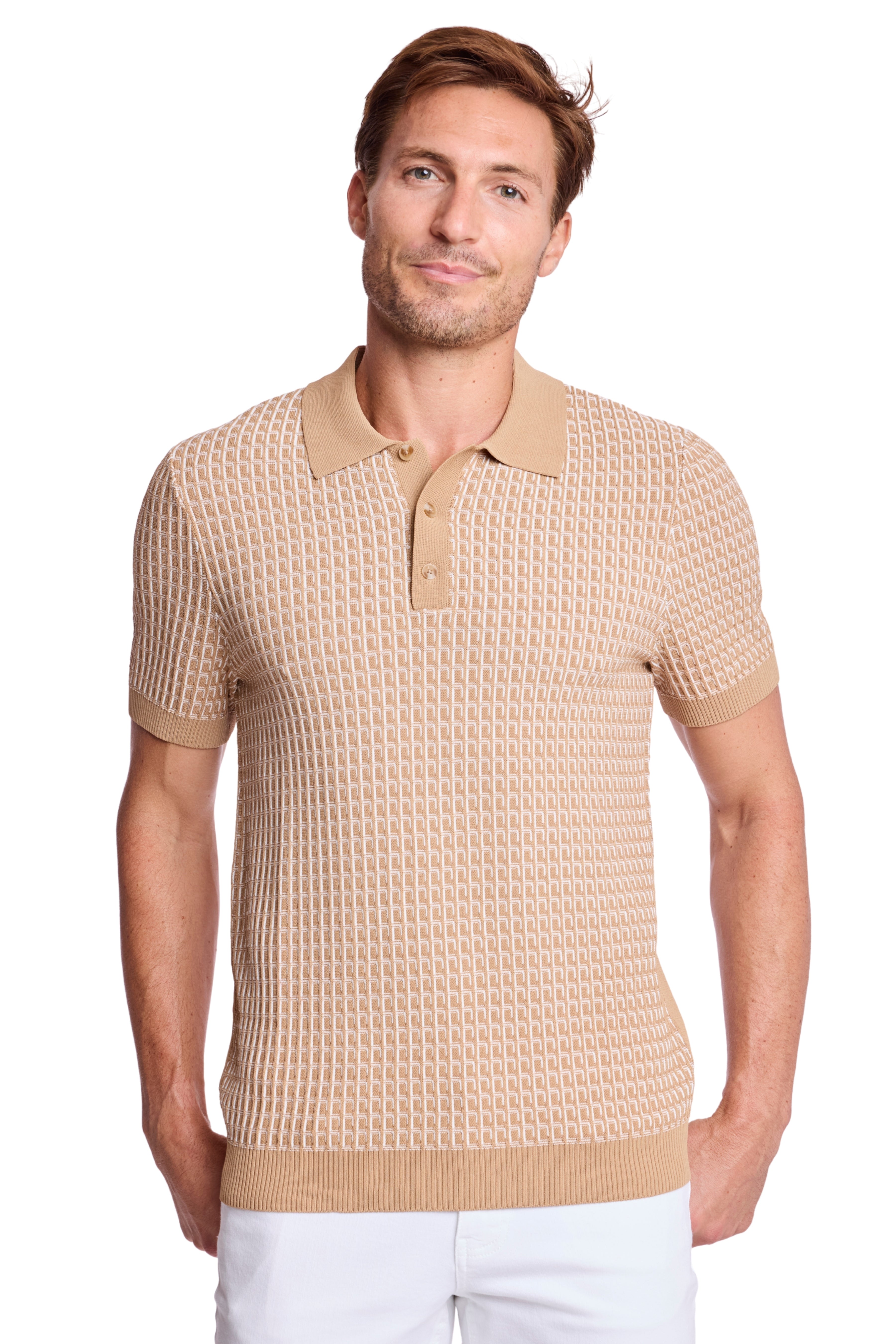 3 Button Polo - Tan & White