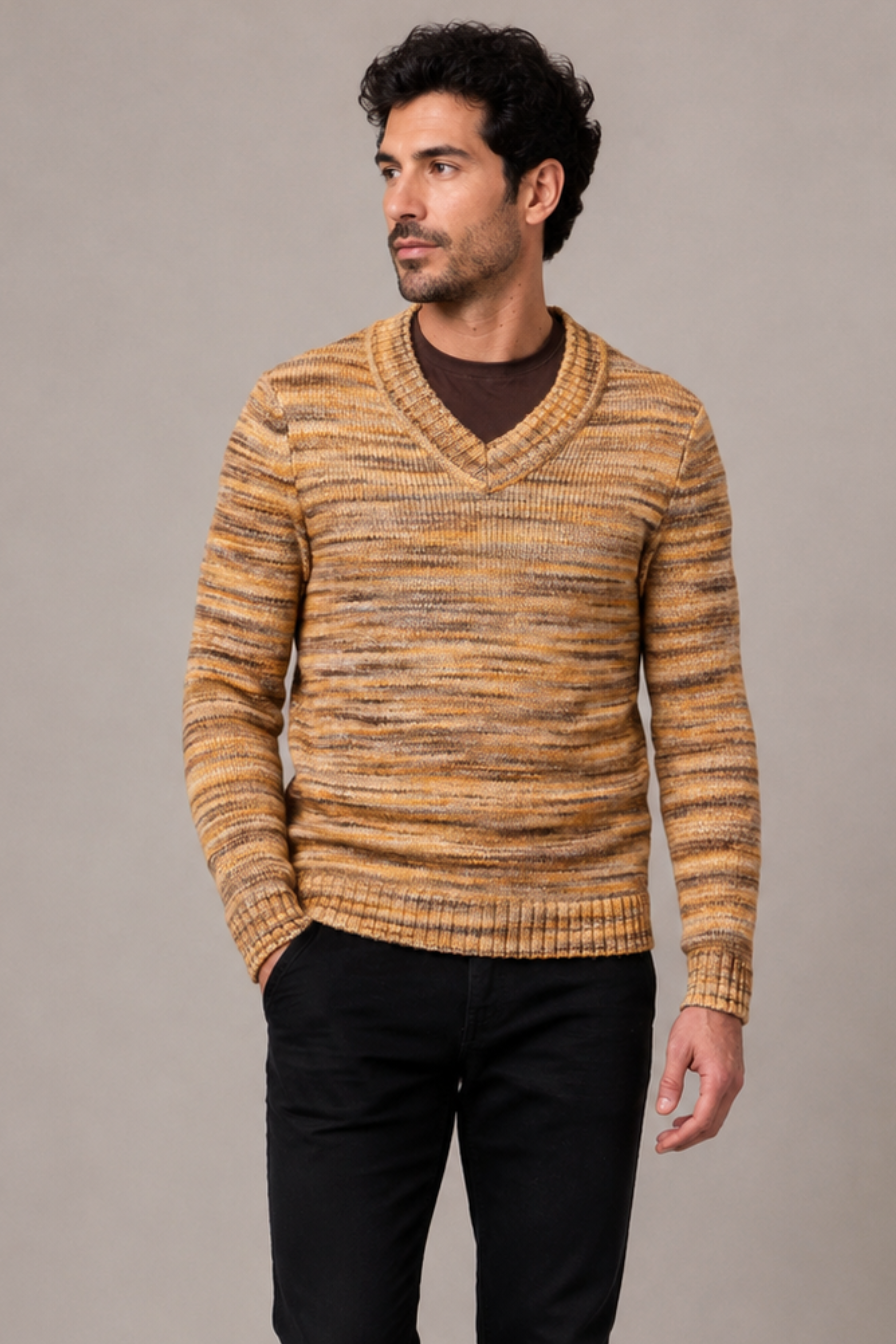 V-Neck Sweater - Mustard Brown Multi