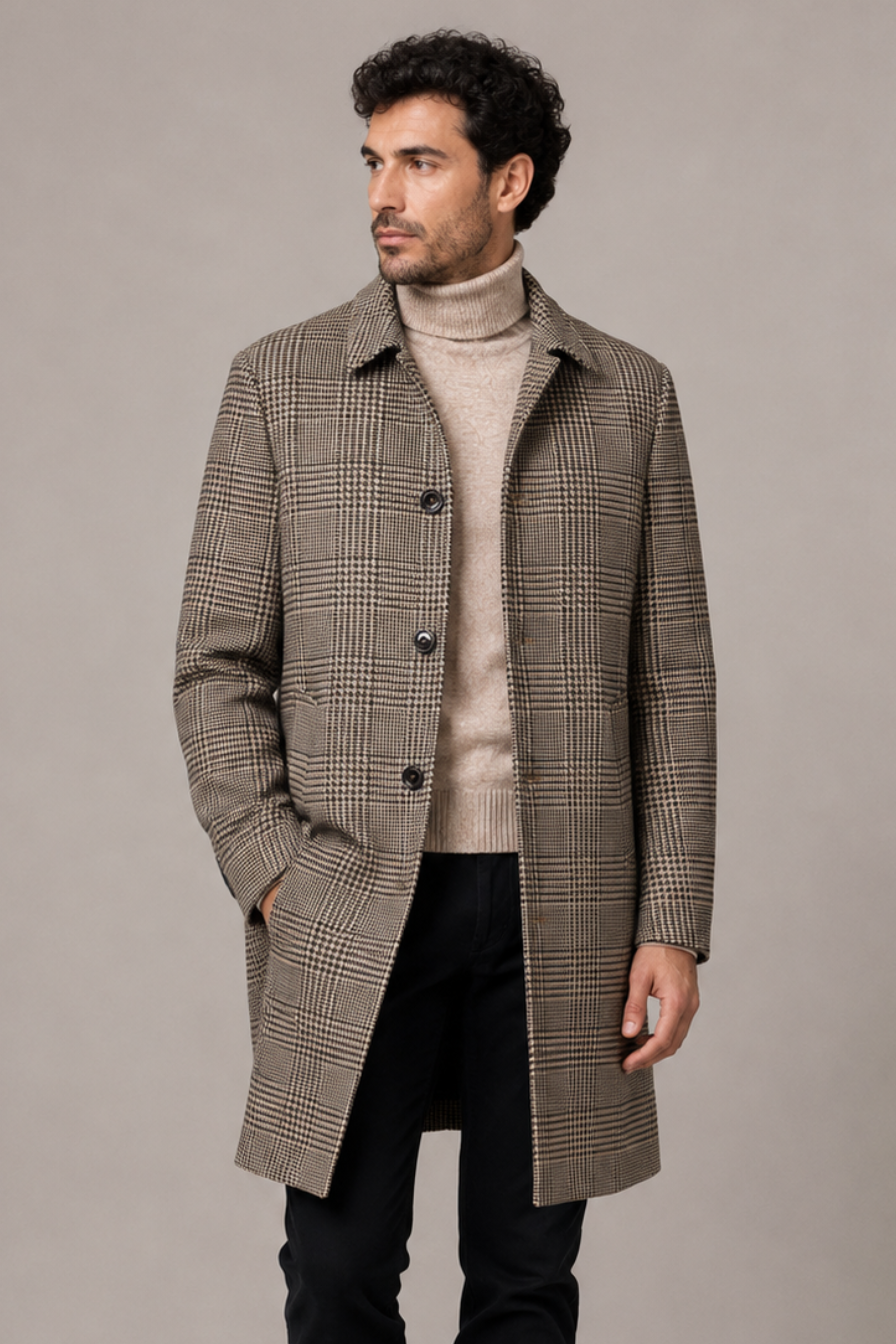 Slash Pocket Overcoat - slim - Blk Tan Olive Hounds
