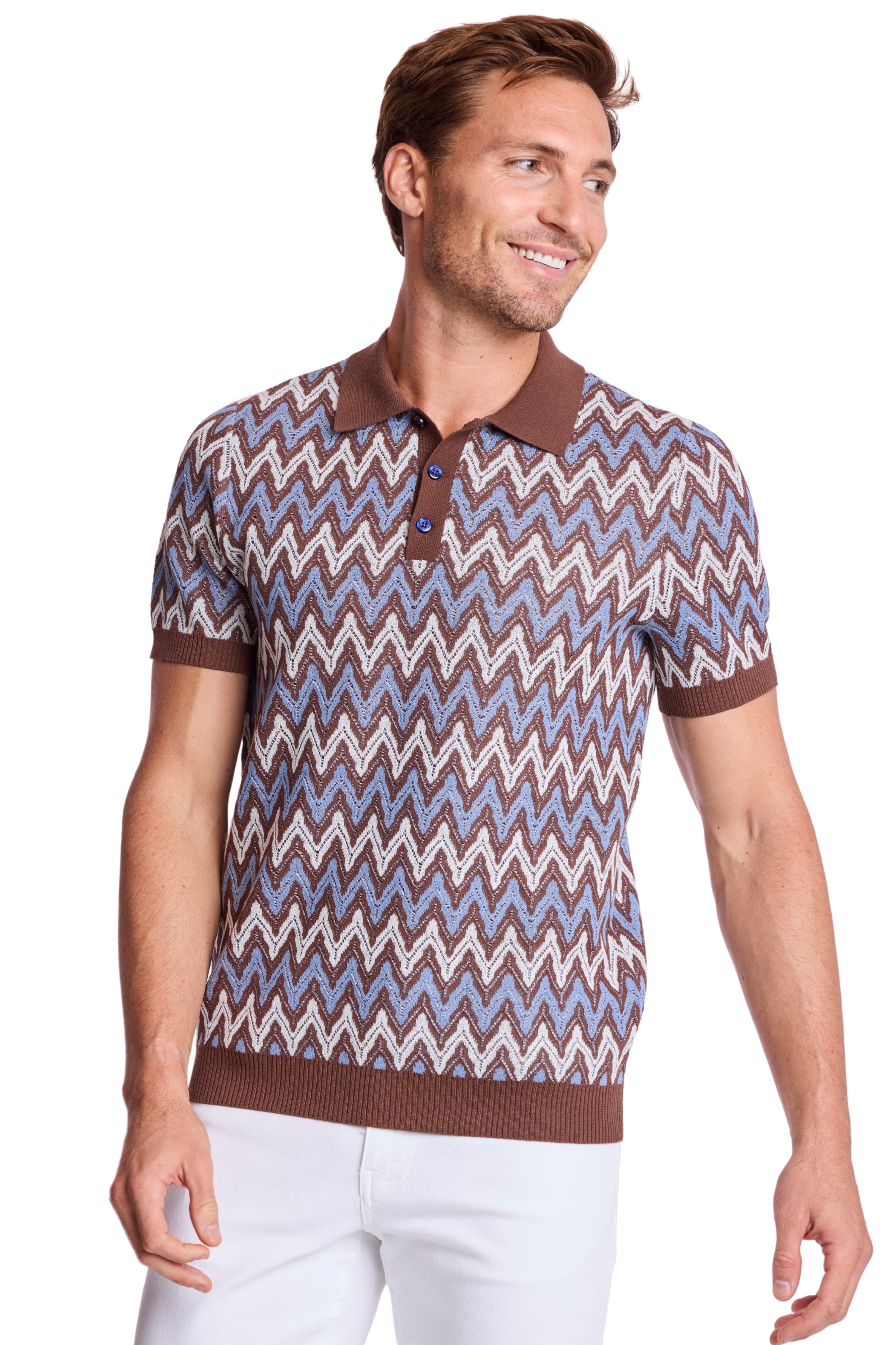 3 Button Polo - Blue Truffle Zig Zag