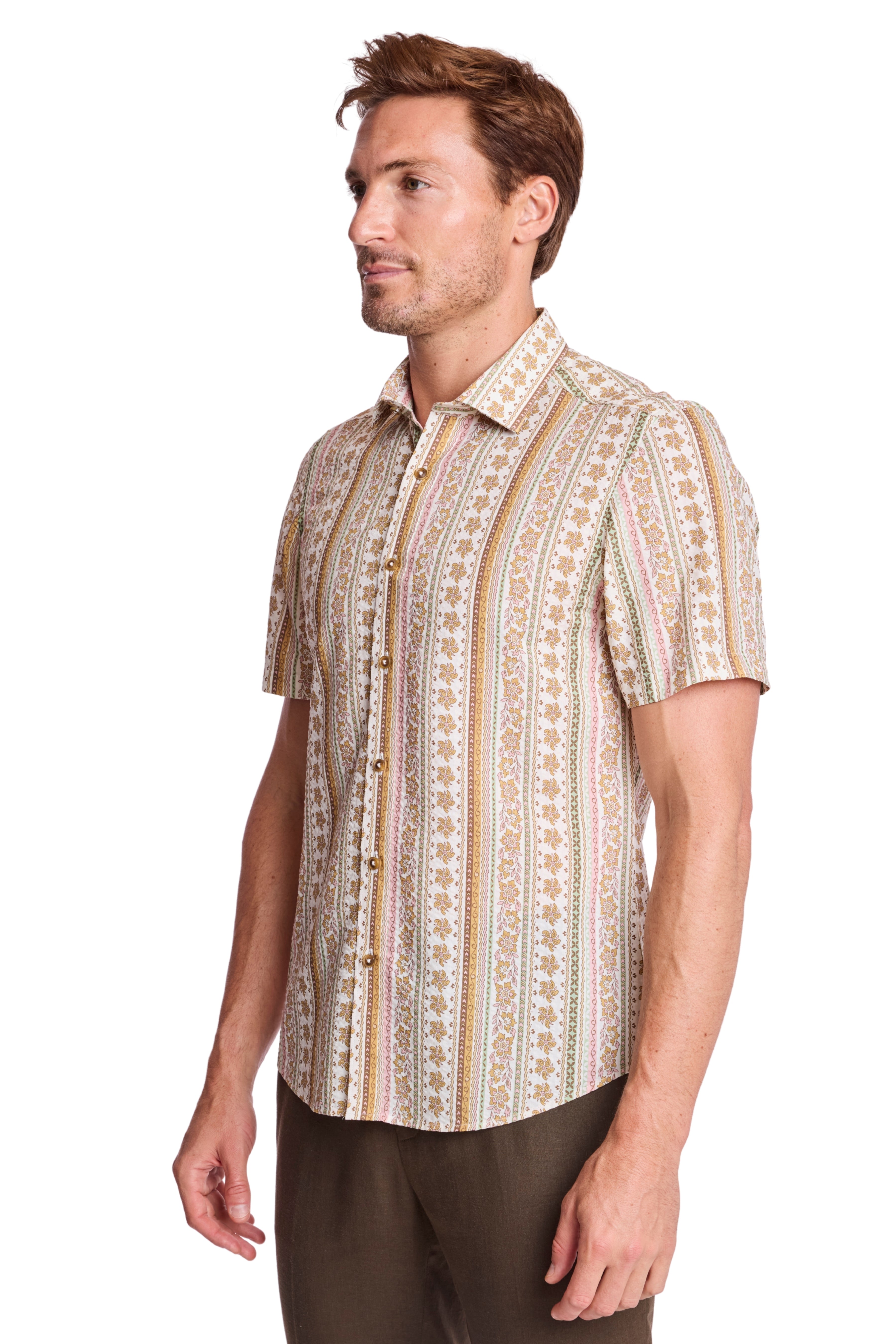 Sawyer Spread Collar Shirt - Pink Brown Floral Seersucker