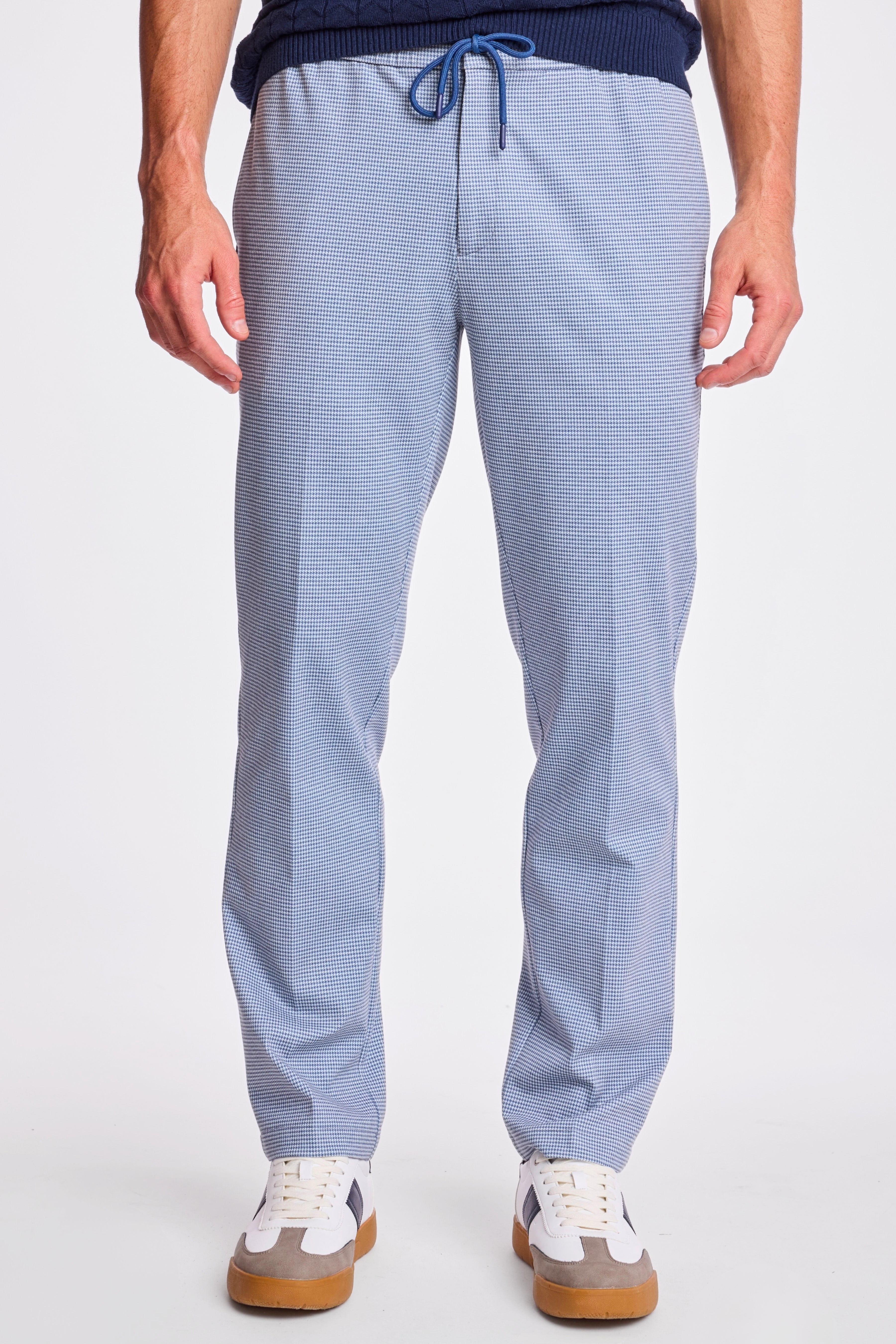 Chester Drawstring Pants - slim - Navy Knit Houndstooth