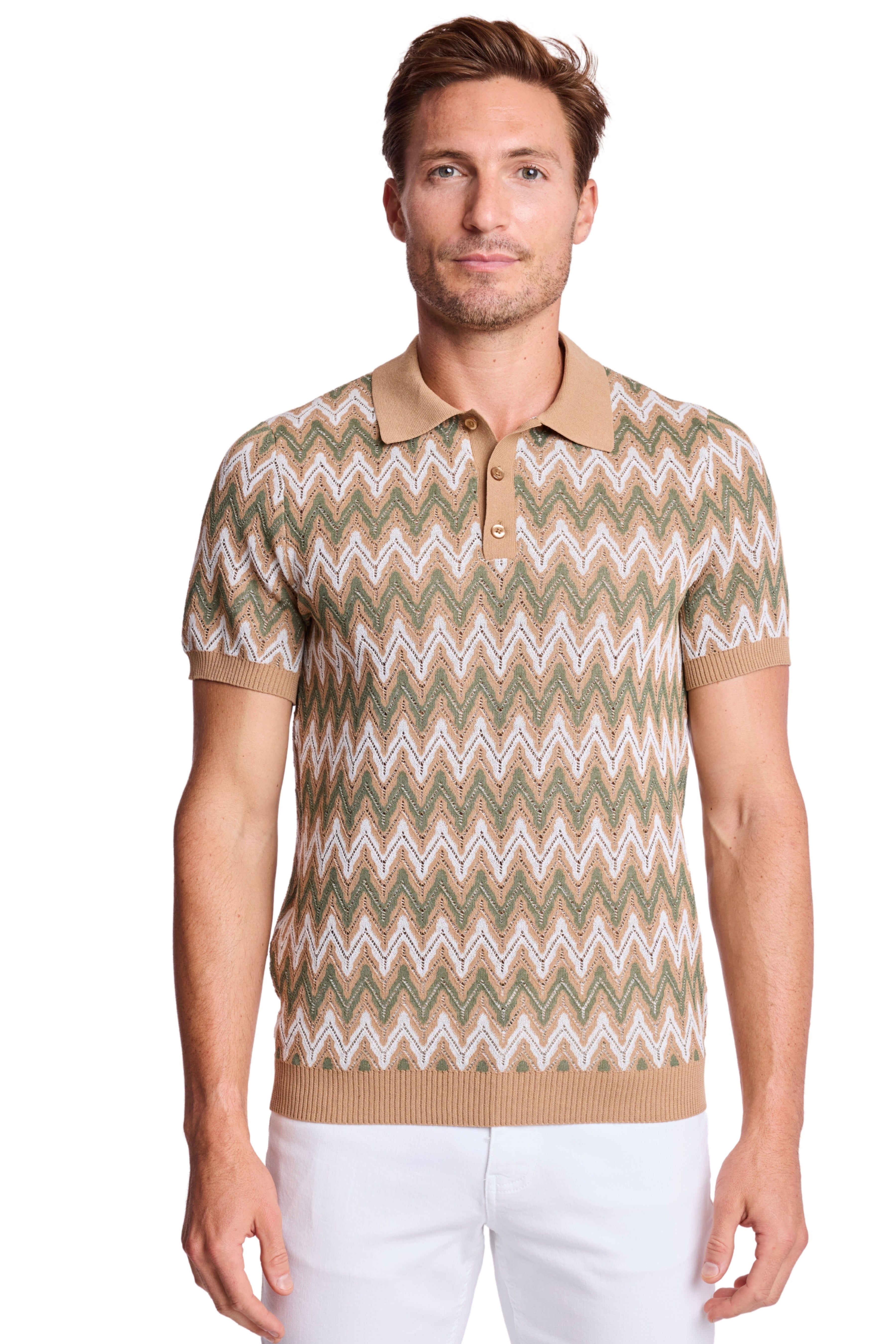 3 Button Polo - Tan Forest Zig Zag