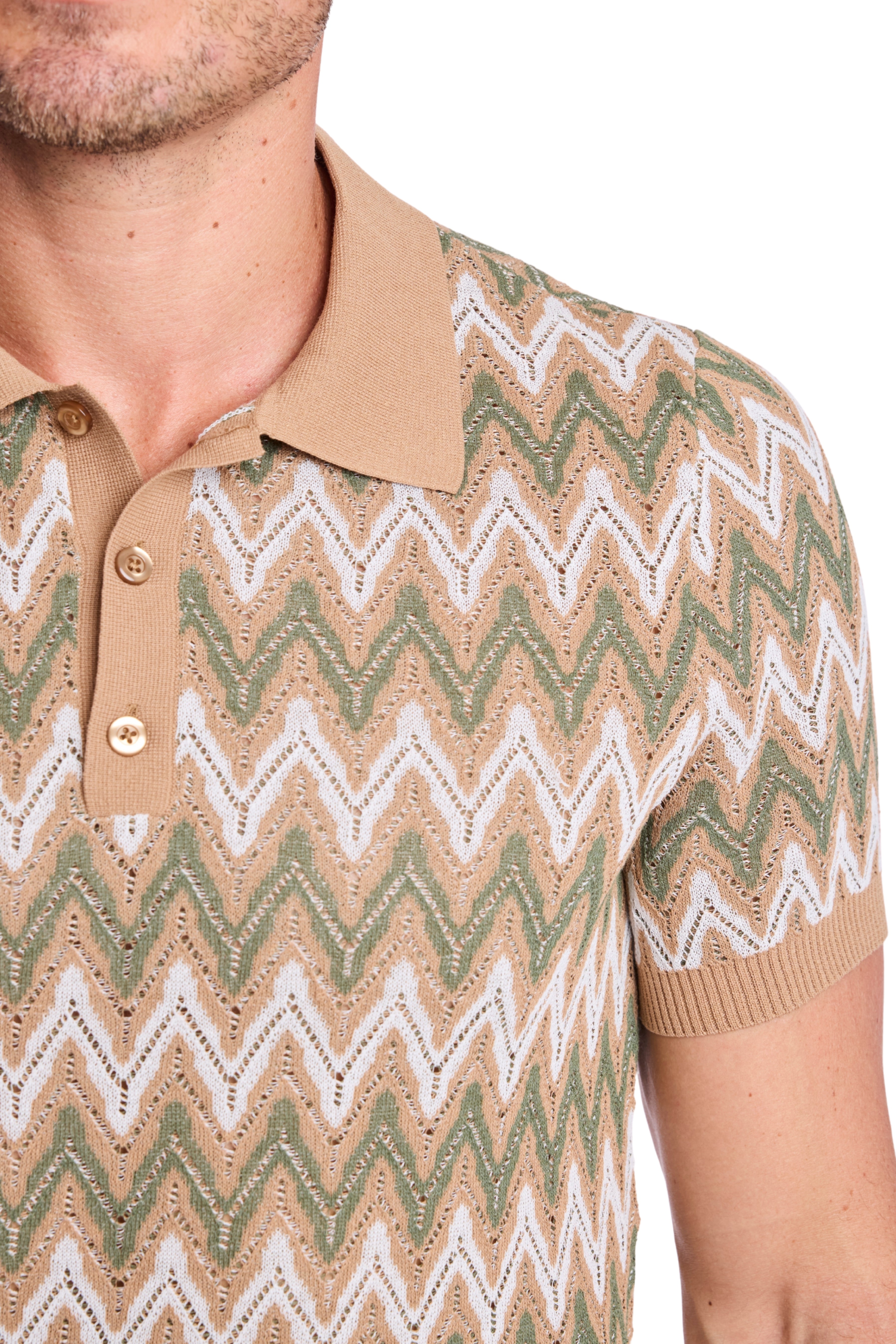 3 Button Polo - Tan Forest Zig Zag