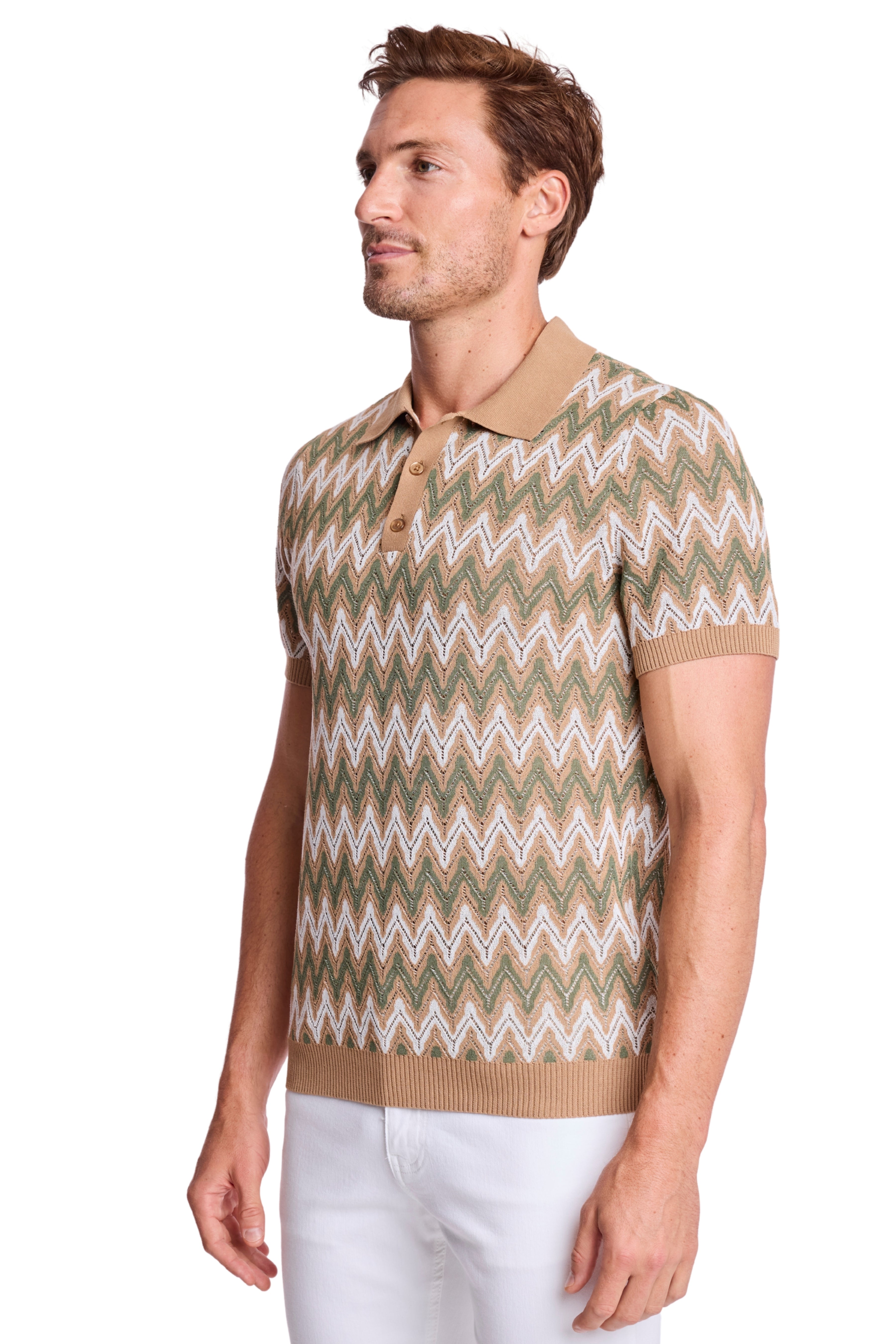 3 Button Polo - Tan Forest Zig Zag