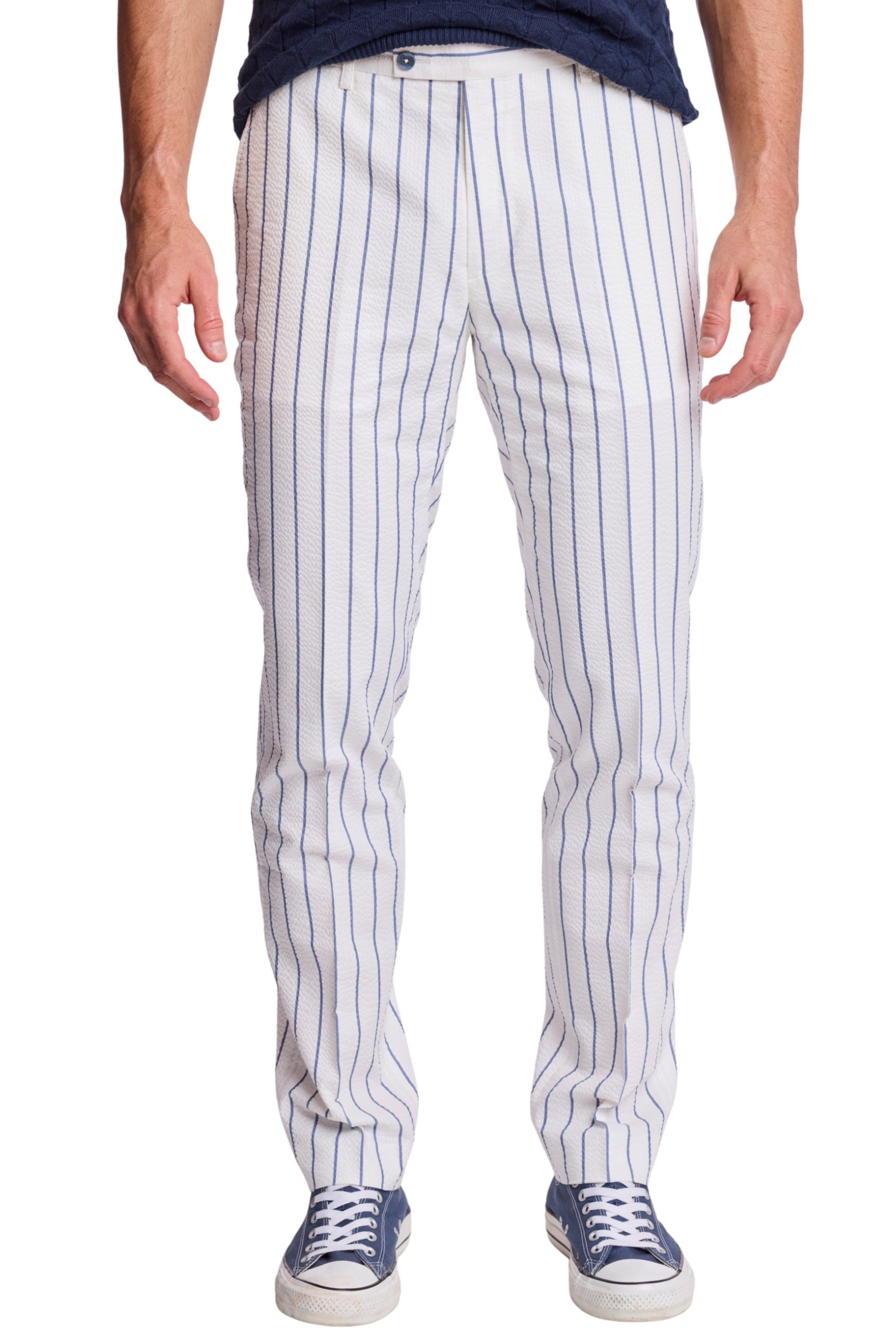 Downing Pants - slim - White Seersucker Blue Stripe