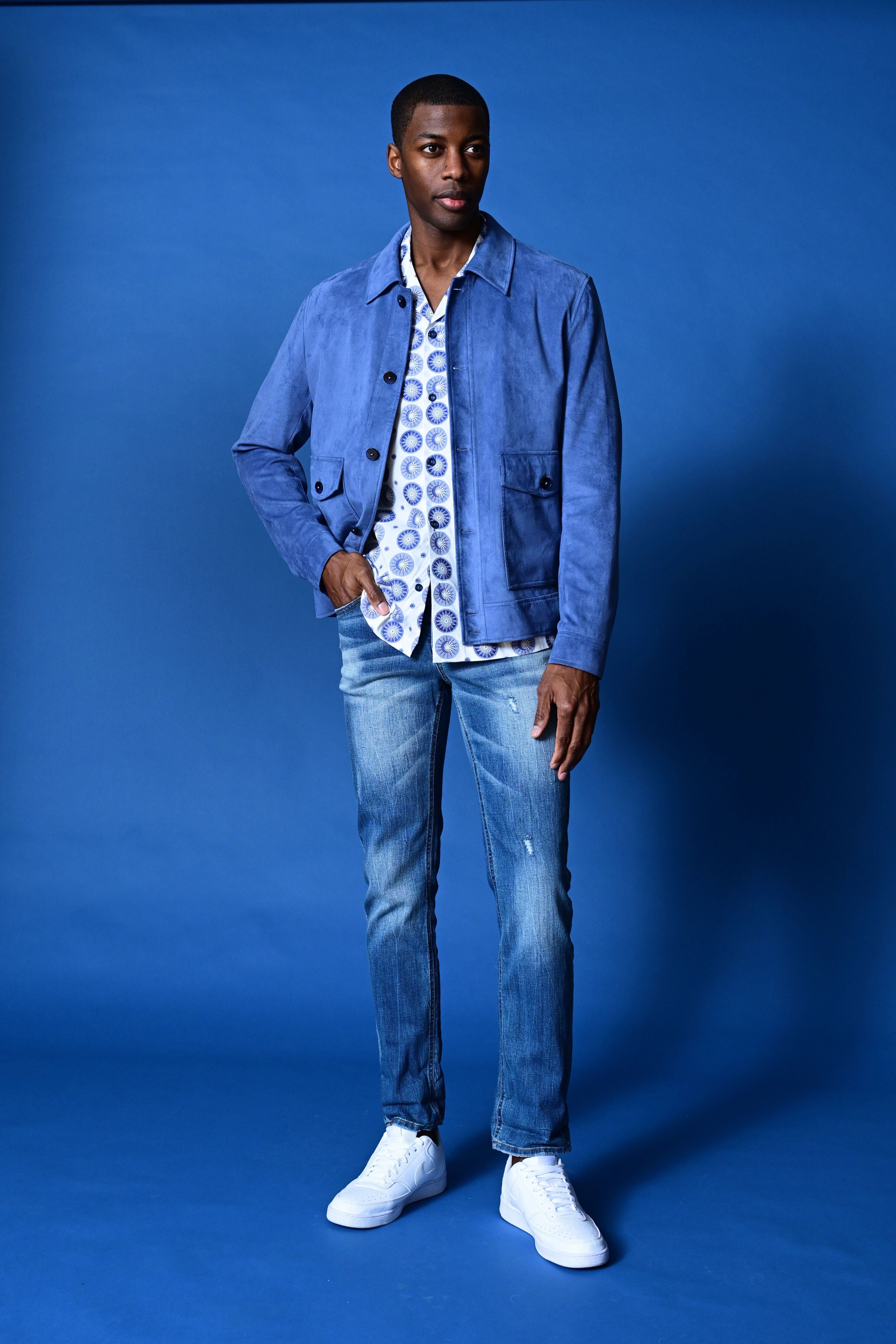 Milo Buttoned Bomber Jacket  - slim - Soft Blue Micro Suede
