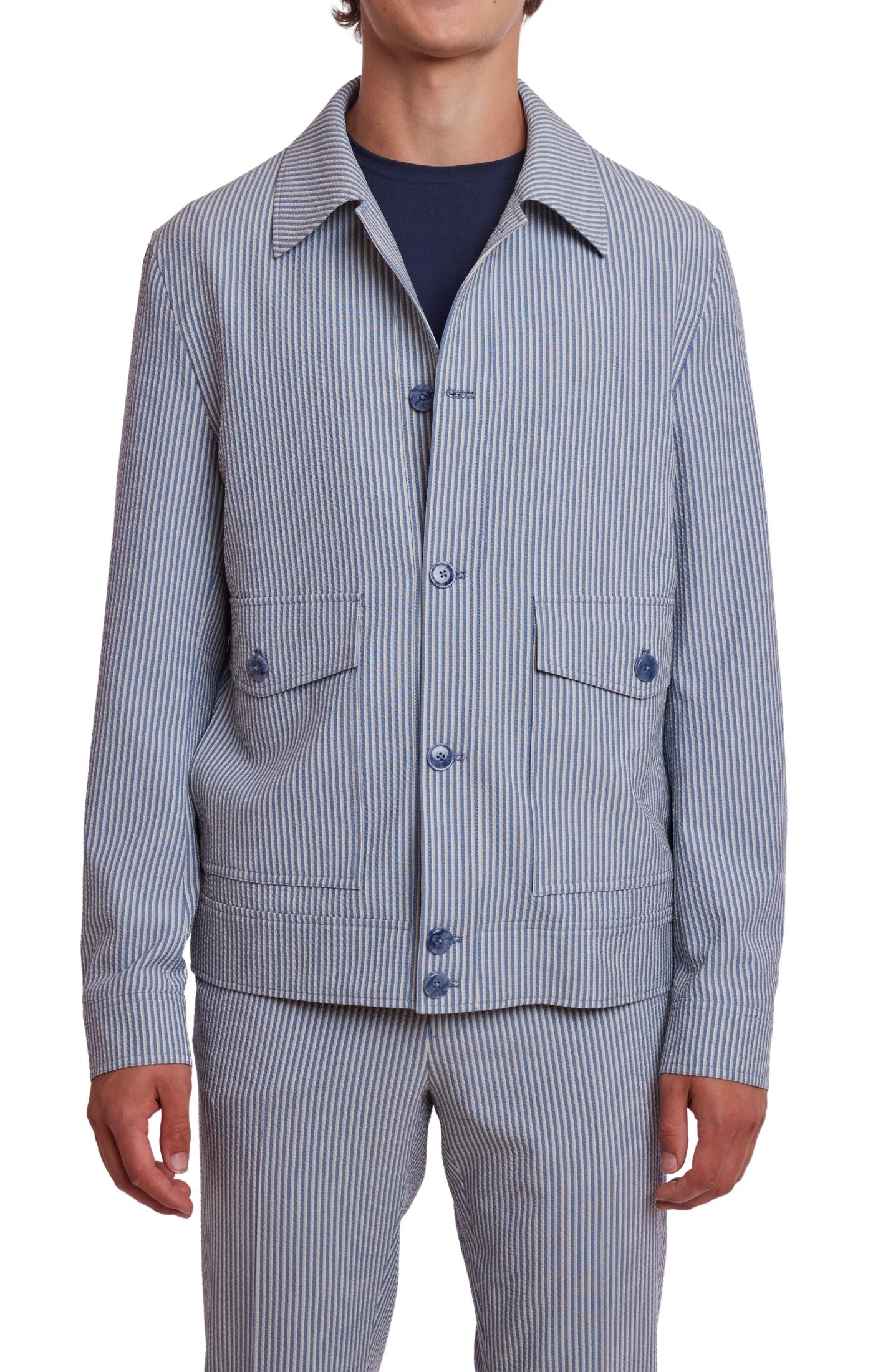 Milo Buttoned Bomber Jacket  - slim - Blue Grey Cream Seersucker