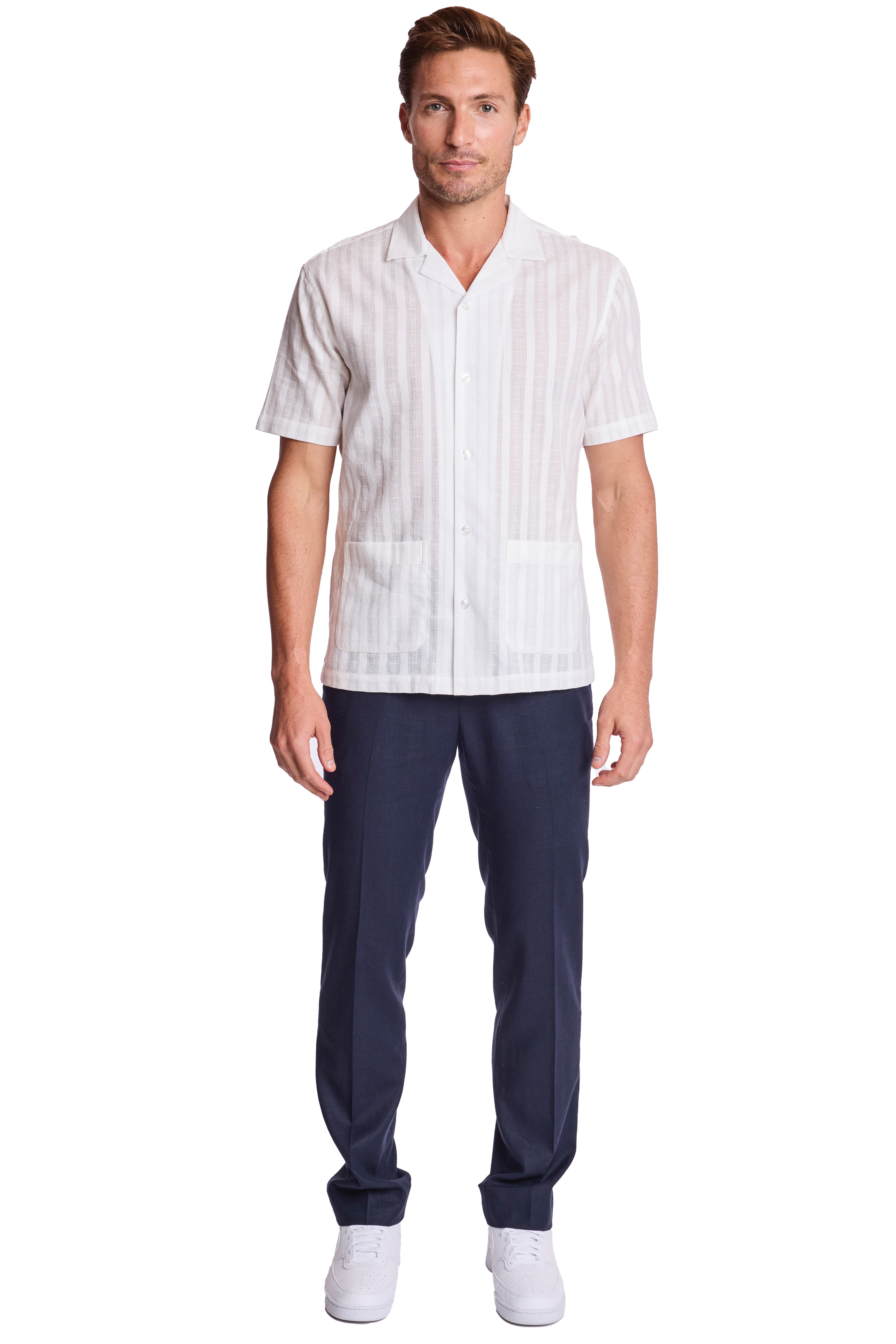 Camp Collar 2 Pkt Shirt - White Dobby Stripes
