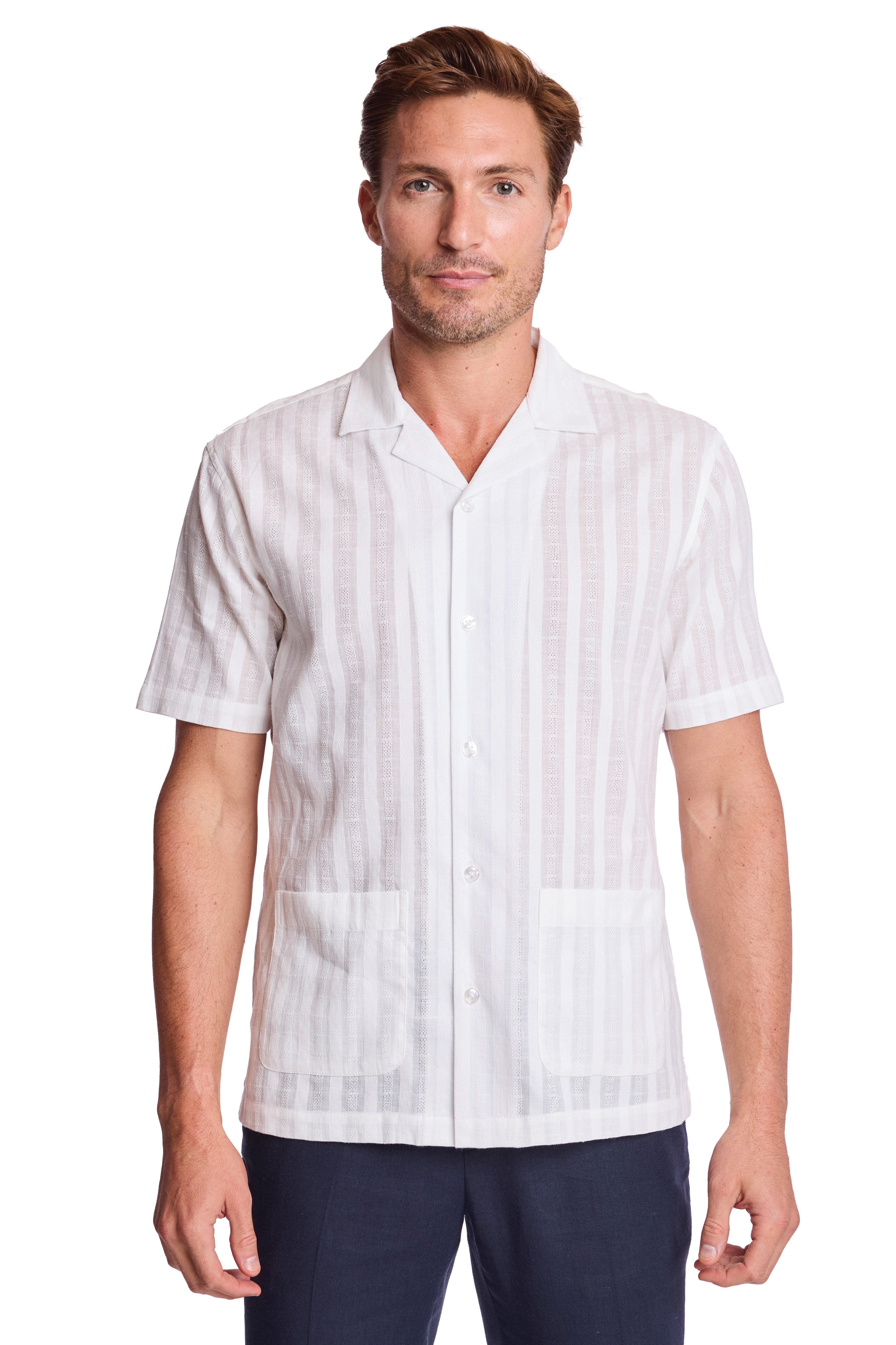 Camp Collar 2 Pkt Shirt - White Dobby Stripes
