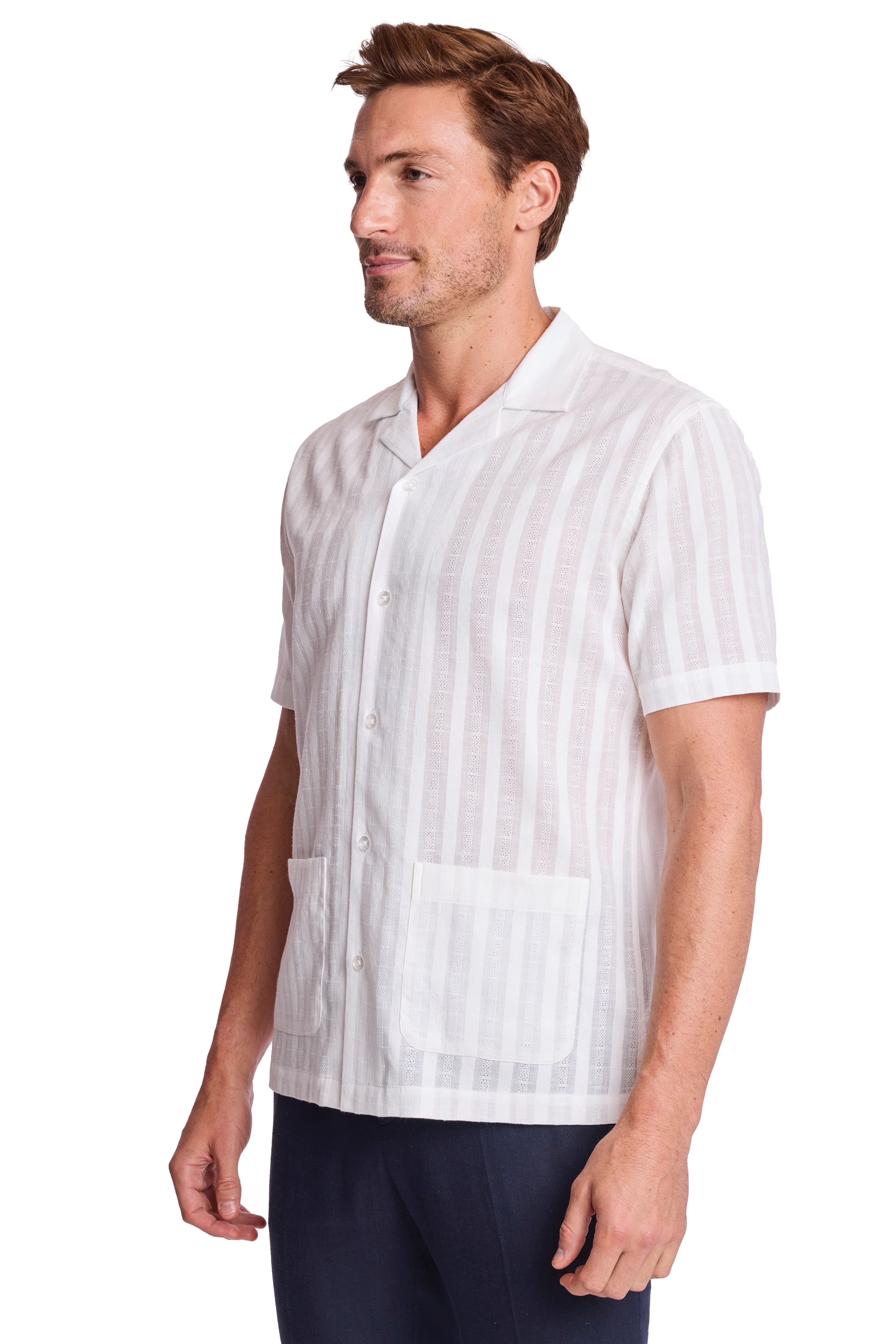 Camp Collar 2 Pkt Shirt - White Dobby Stripes